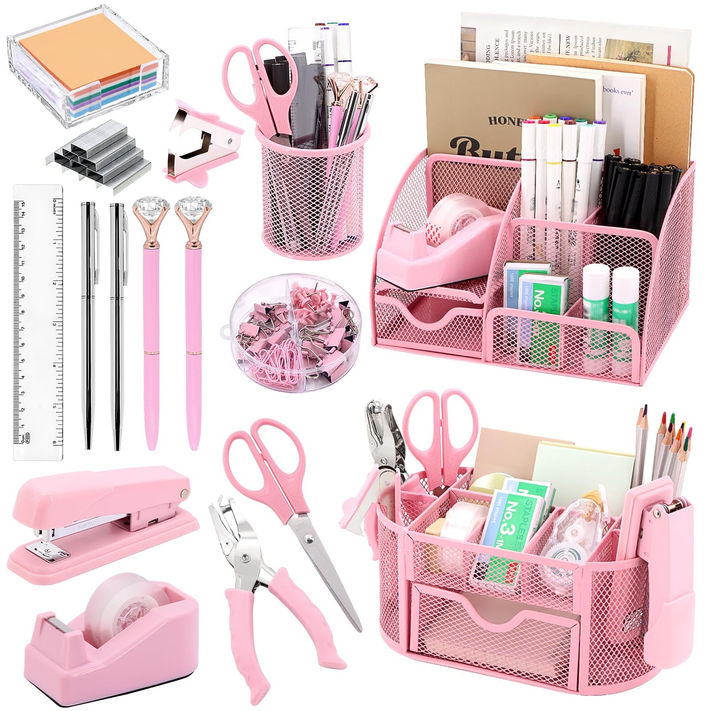 17 in 1 Pink Desk Organizers and Accessories Set, 3 Office Desk Supplies Storage Organization, 4 Pens, Stapler, Staples & Remover, Tape & Dispenser, Scissors, Ruler, Clips, Hole Punch, Back to School