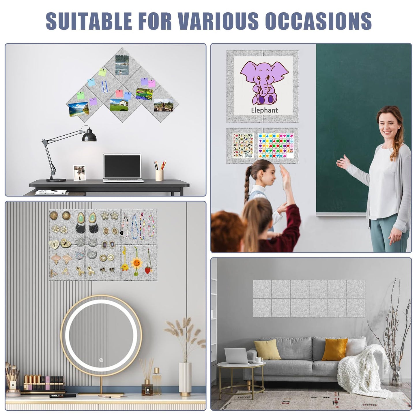 Large Cork Board Alternative 36" X 24" Bulletin Board - 6 Pack Removable Felt Wall Tiles with 15 pushpins, Large Cork Boards for Walls Cork Board for Office Pin Board Tack Board - Silver Gray