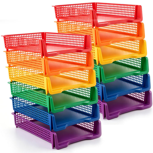 Geetery Set of 12 Plastic Trays for Teachers Turn in Trays Classroom Stackable Paper Tray Plastic Classroom Teachers Desk Letter Organizer Storage Baskets for Office, Desk, Home (Rainbow Color)