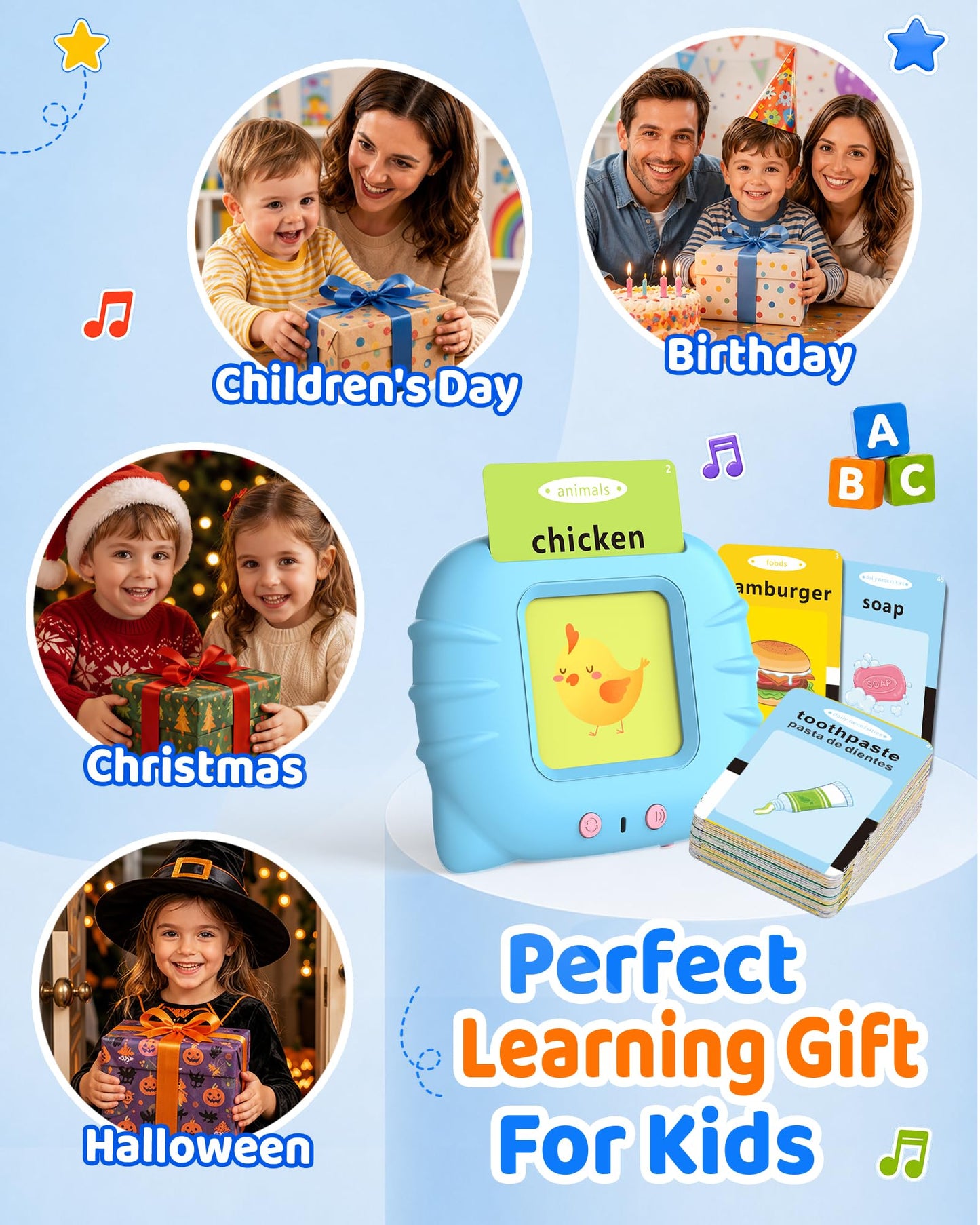 Aullsaty Talking Flash Cards for Toddlers 1-3, Upgraded 248 Sight Words Montessori Speech Therapy Toy, Autism Sensory Educational Learning Toys, Birthday Gift for Boys Girls (Blue)