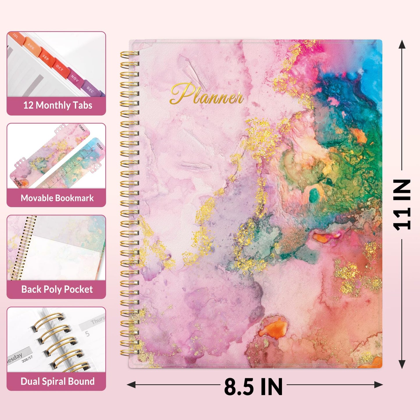 SUNEE Academic Planner 2026-2027 – Weekly & Monthly Planner, July 2026 to June 2027, 8.5"x11", Thick Paper, Tabs, Pockets, Bookmark, Spiral-Bound, Student Teacher Organizer, Marble