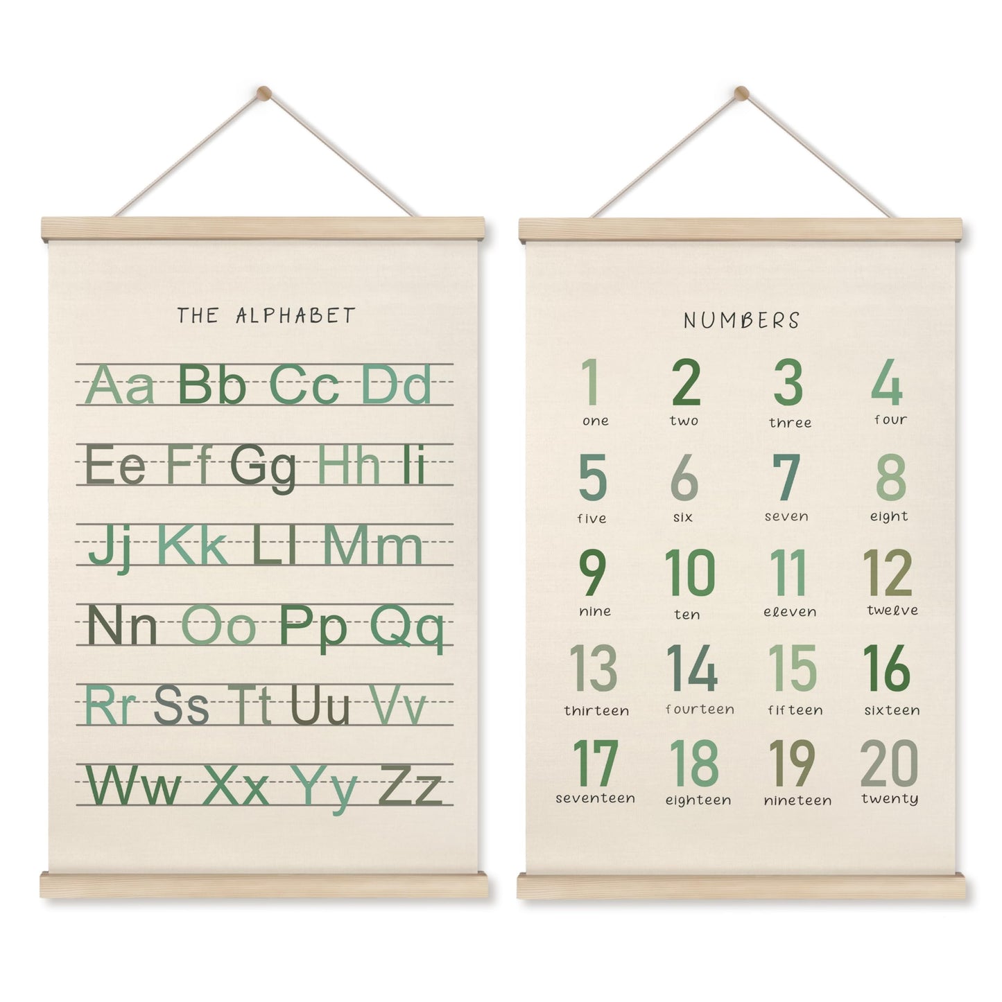 HRQKO Alphabet Numbers Poster Hanger Frame Set of 2, Nursery Wall Decor, Boho ABC Poster Wall Art with Wooden Frames, Sage Green Alphabet Banner Wall Hanging Decor for Toddler Playroom, 16x24 inch