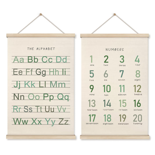 HRQKO Alphabet Numbers Poster Hanger Frame Set of 2, Nursery Wall Decor, Boho ABC Poster Wall Art with Wooden Frames, Sage Green Alphabet Banner Wall Hanging Decor for Toddler Playroom, 16x24 inch