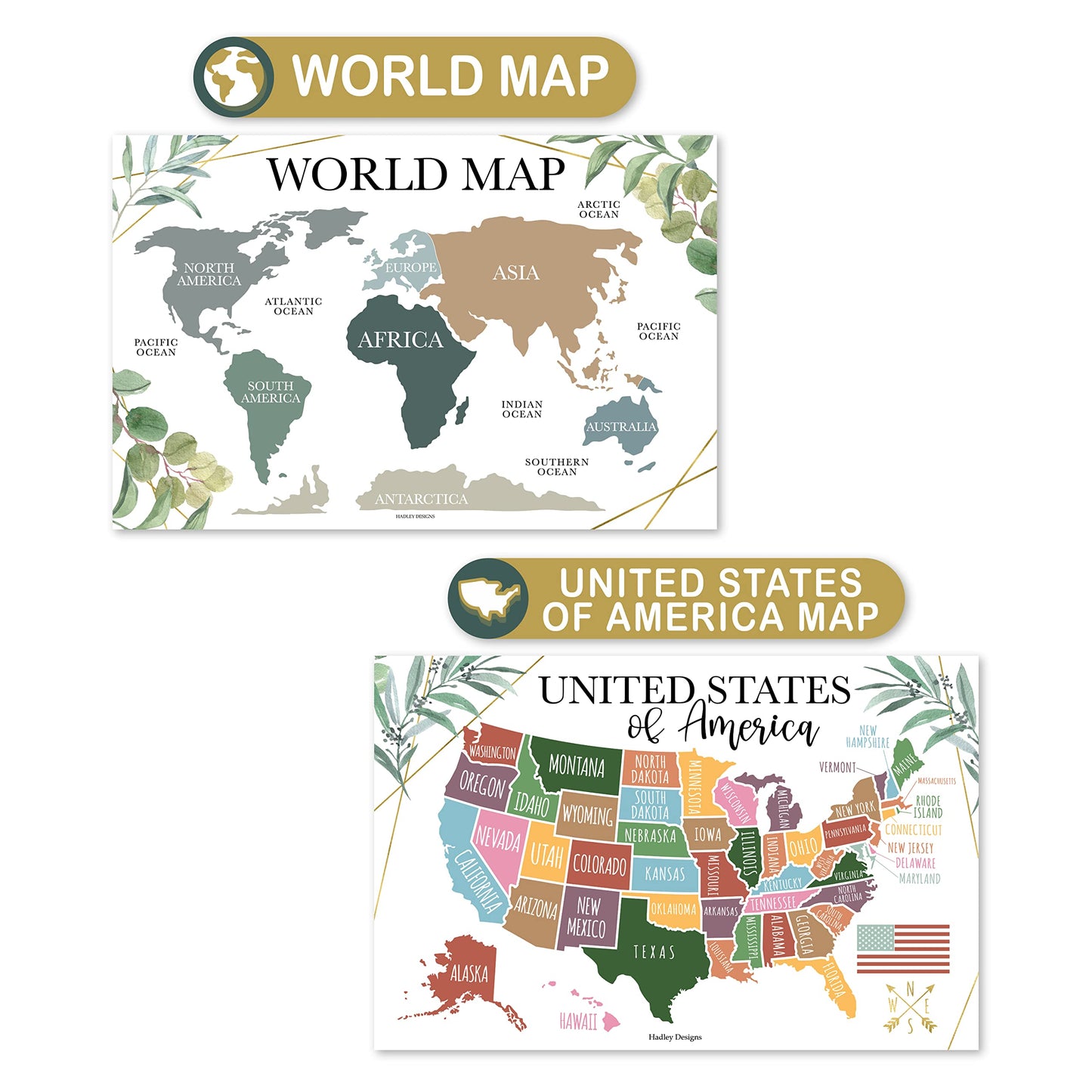 4 Alphabet, Map of United States, World Map, & Solar System Posters - Laminated ABC Charts for Toddlers Wall Decor, Greenery Posters for Kindergarten, Prek Classroom or Homeschool 11x17