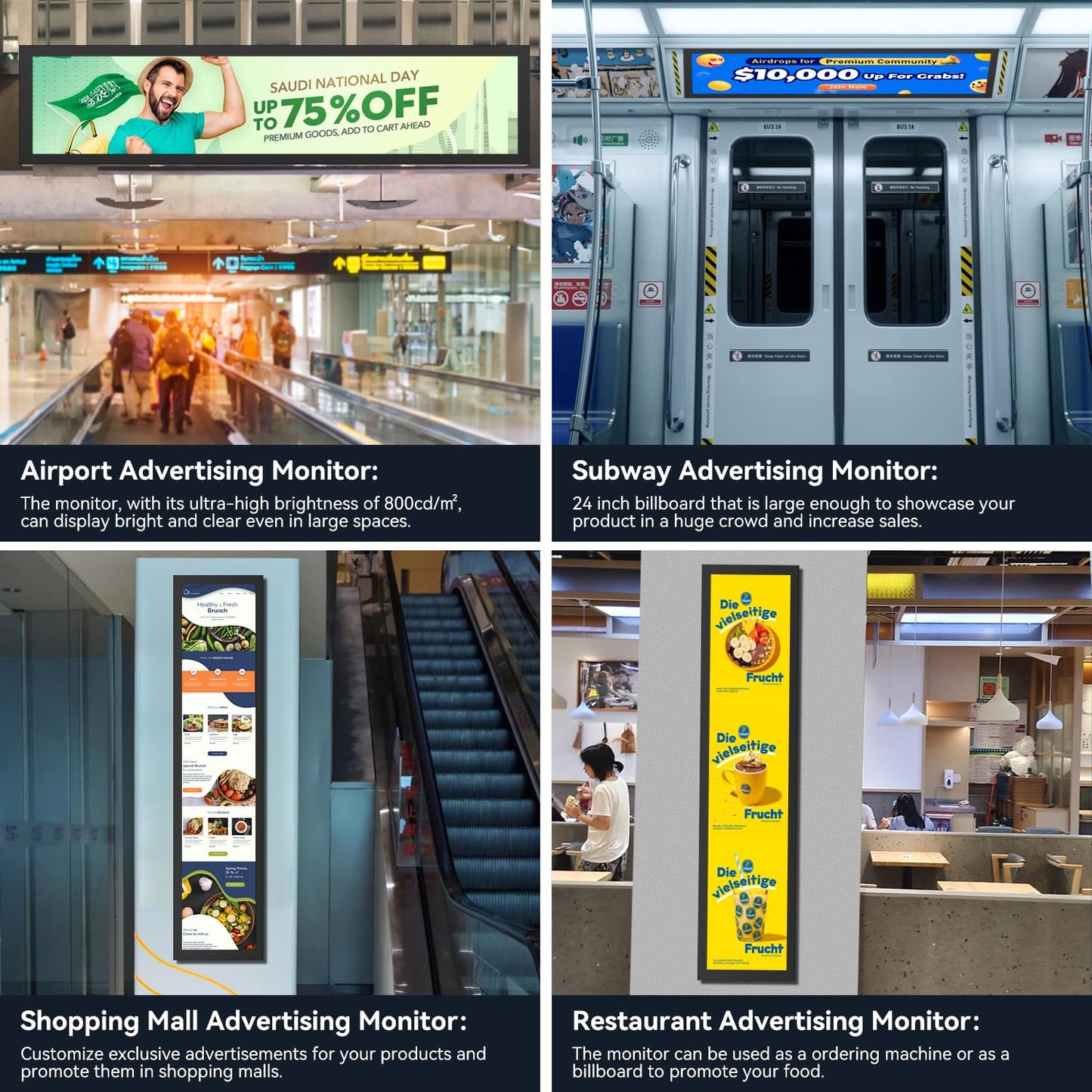 24" Ultra-Wide Stretched Bar LCD Monitor FHD1920x380 Industrial Computer Monitor Built-in Dual Speaker, Advertising Display for Subway Mall Restaurant Signage,PC Case Display Dual HDMI & DP Port, VESA