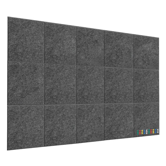 Garvee Acoustic Felt Bulletin Boards for Wall - 15-Pack Self-Adhesive Memo Tiles with 30 Colorful Pins, Decorative Notice Board for Office, Home, or School - Dark Gray, 30x30x0.9cm