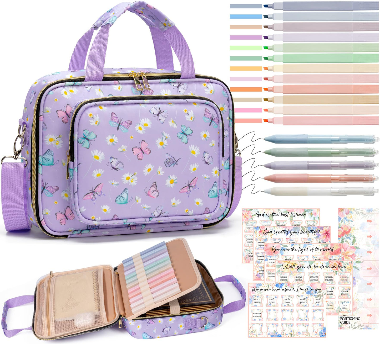 Bible Cover Case for Women, Large Bible Bag w/Shoulder Strap, Bible Study Supplies Journaling Kit Book Carrying Case with Accessories Pastel Highlighters 75 Tabs, Christian Gifts for Women Mom Friends