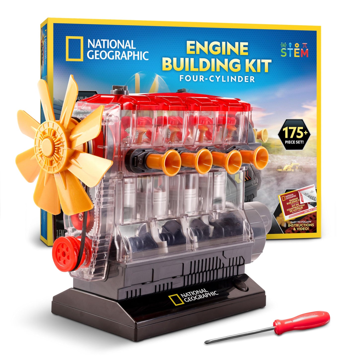 National Geographic 4-Cylinder Engine Building Kit – 175+ Piece Working Model with Moving Parts, Clear Visible Engine Model, STEM Building Toy with Tools & Learning Guide for Kids