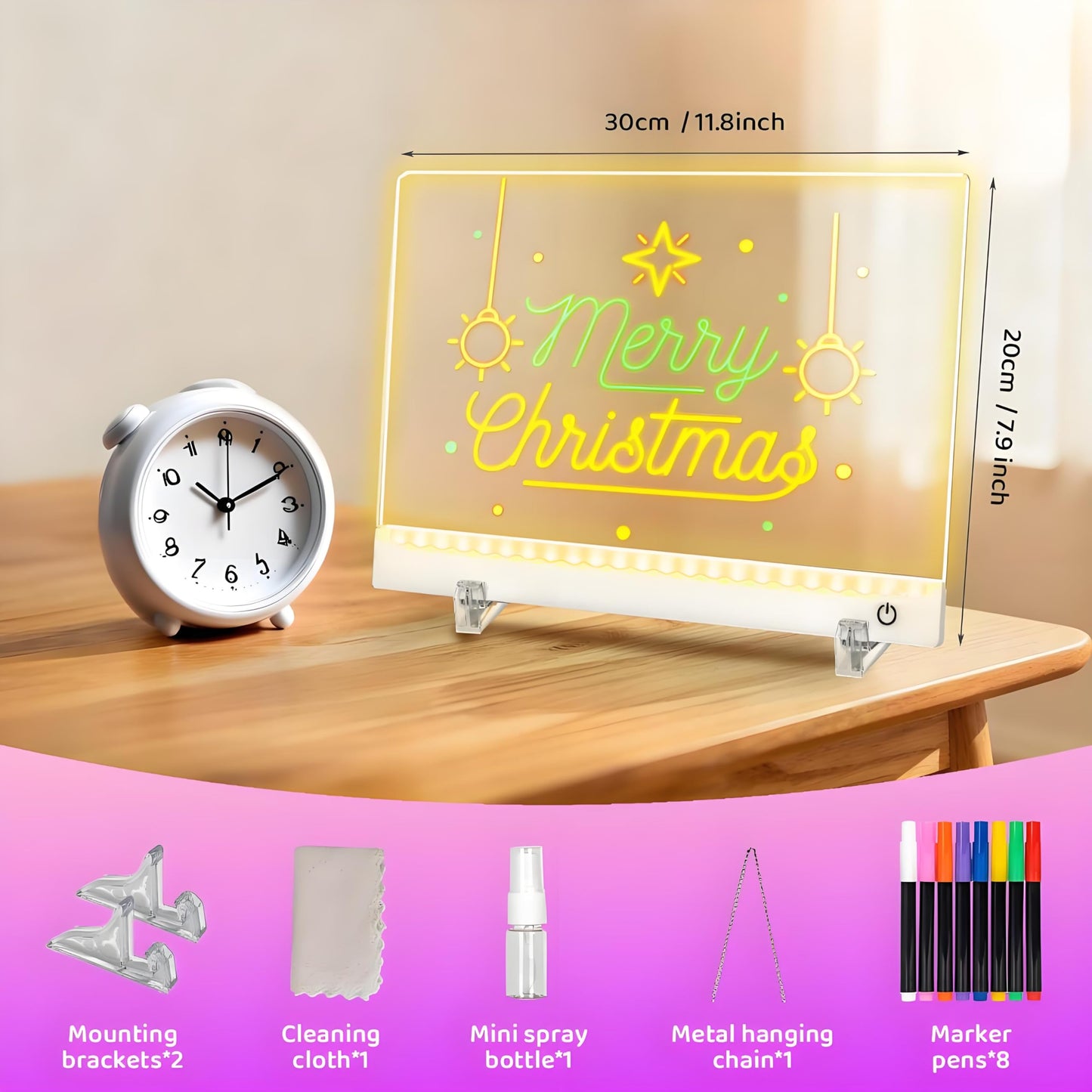 Rechargeable Led Drawing Board for Kids, 11.8*7.9" Dry Erase Board, 4 Modes &7 Colors Glow Doodle Note Board, Include Hanging Chain, 2 Stands, 8 Markers, Spray Bottle, Cleaning Cloth, Kid Girls Gifts