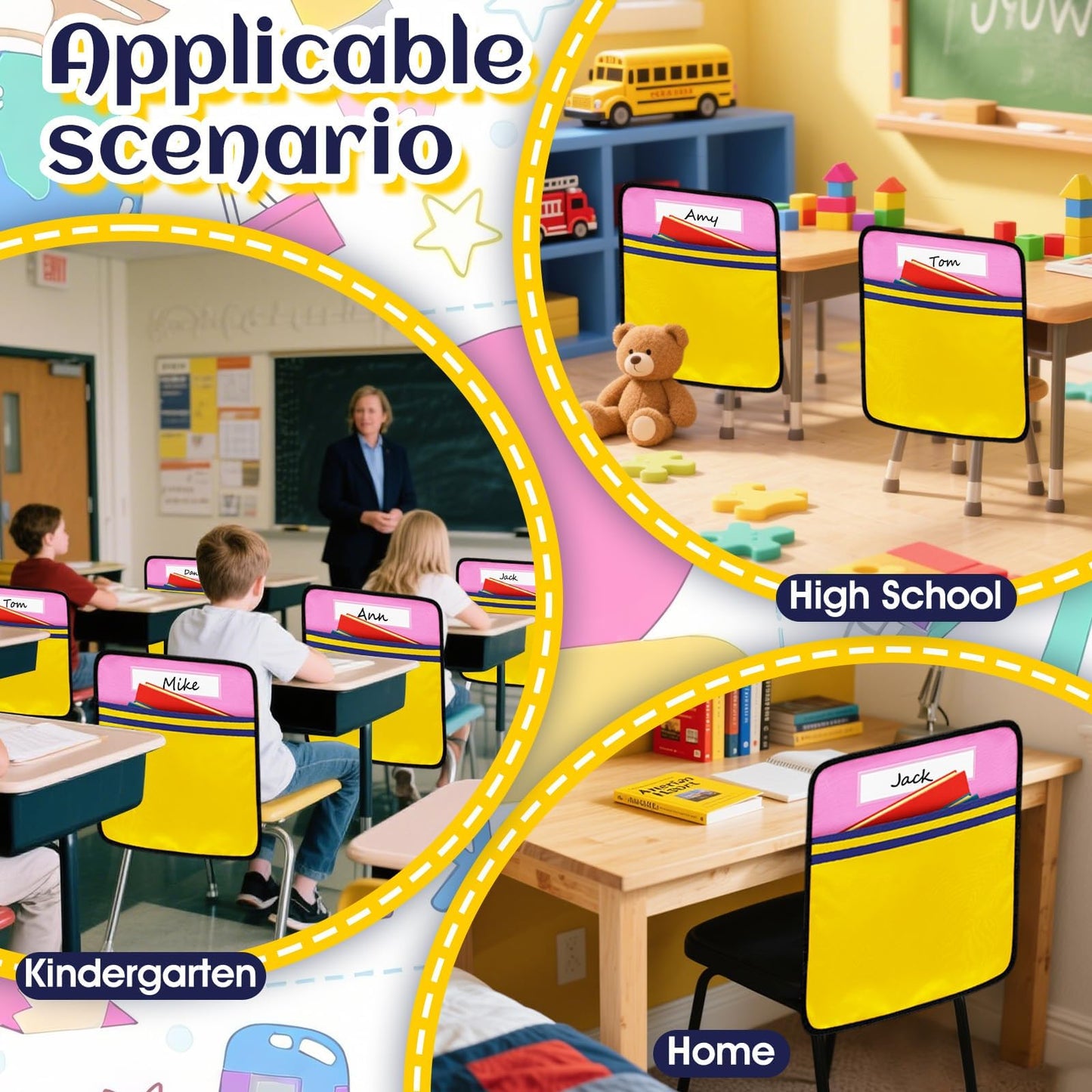 24Pcs 17 * 19 Inch Classroom Seat Back Organizer, Back to School Chair Pockets with Name Tag, Chair Hanging Bag Seat Sacks Suitable for Families Kindergarten Primary School After-School Care Room