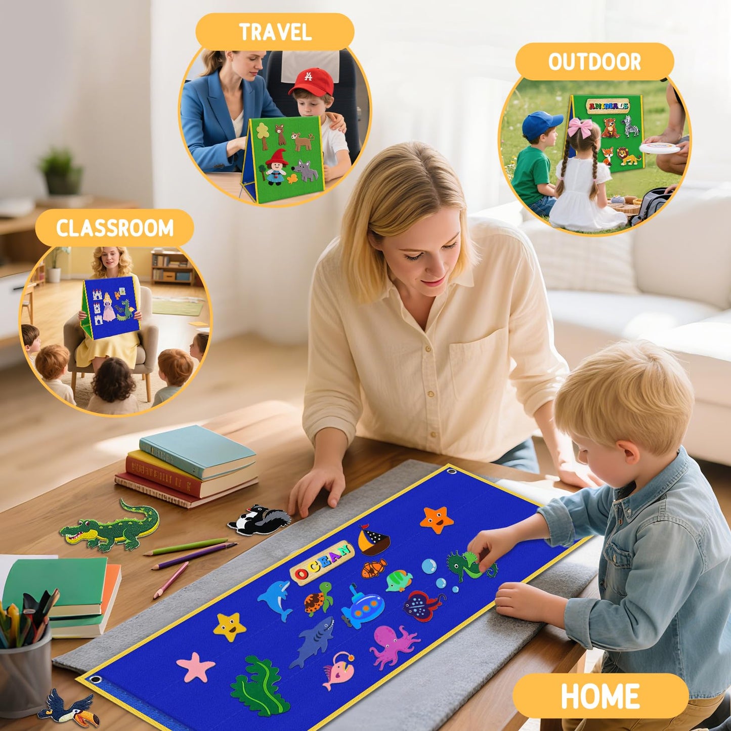 AKAYOK Foldable Felt Board for Toddlers, Double-Sided Flannel Boards Stories for Preschool Learning, Interactive Storytelling & Play, 33" x 12" Portable Felt Letter Board for Home & Classroom Use