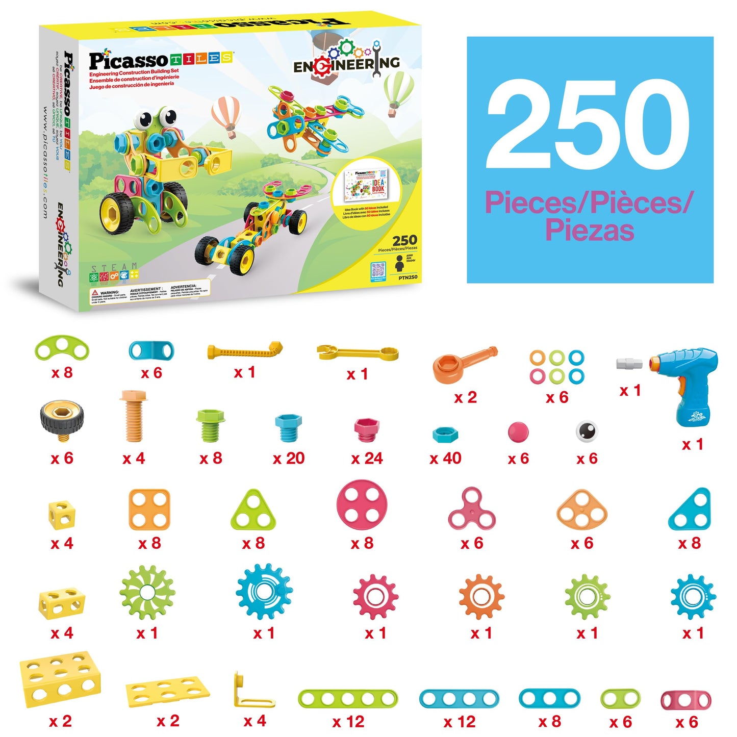 PicassoTiles STEM Learning Toys 250 Piece Building Block Kids Construction Engineering Kit Toy Blocks Children Early Education Playset w/Free IdeaBook, Power Drill, Clickable Ratchet, Age 3+ PTN250