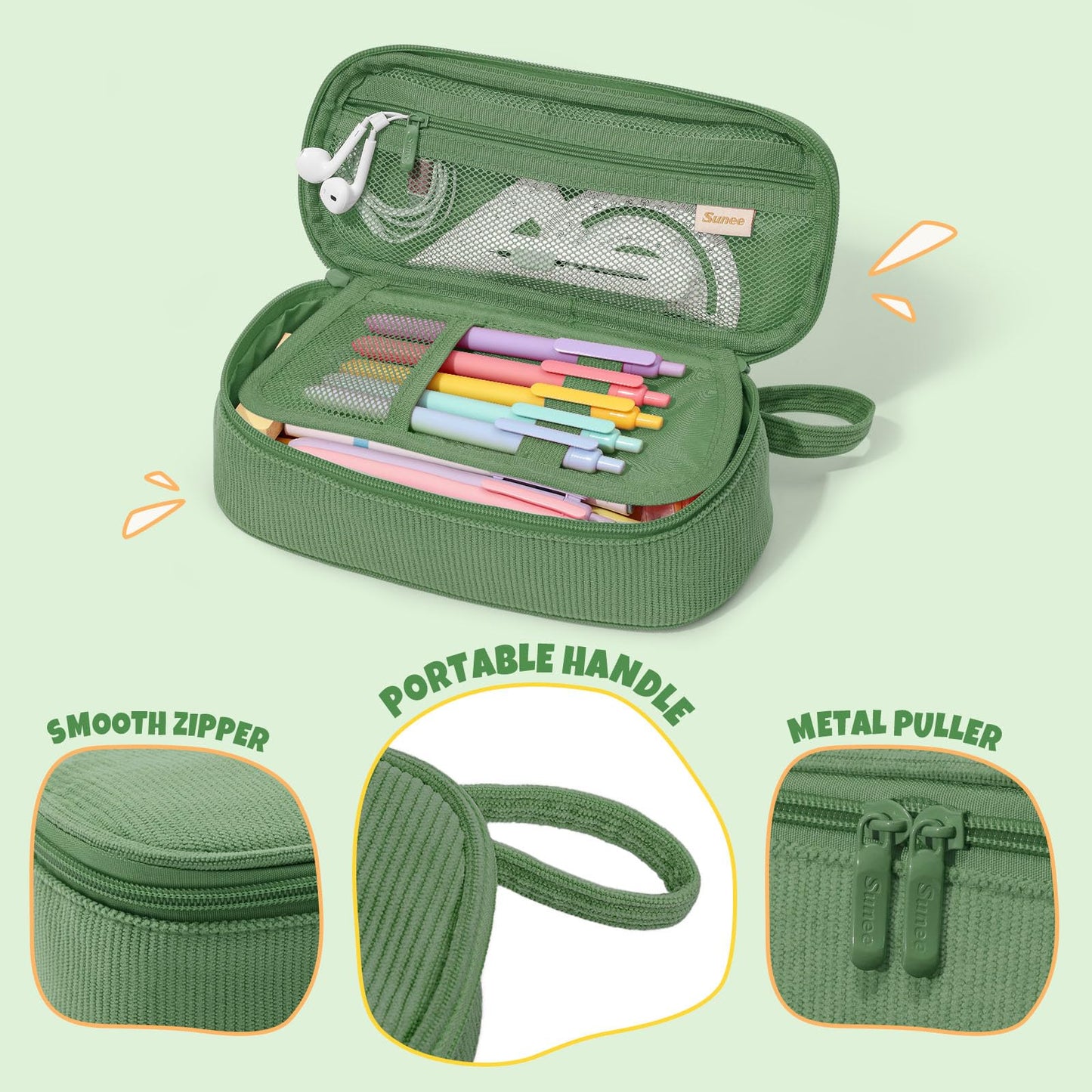 SUNEE Cute Pencil Case, Large Capacity Pencil Pouch, Soft Corduroy Pencil Bag, Big Storage Pen Organizer for Stationery, Aesthetic Zipper Pencil Box, Back to School Supplies for Teen Girls Boys, Green