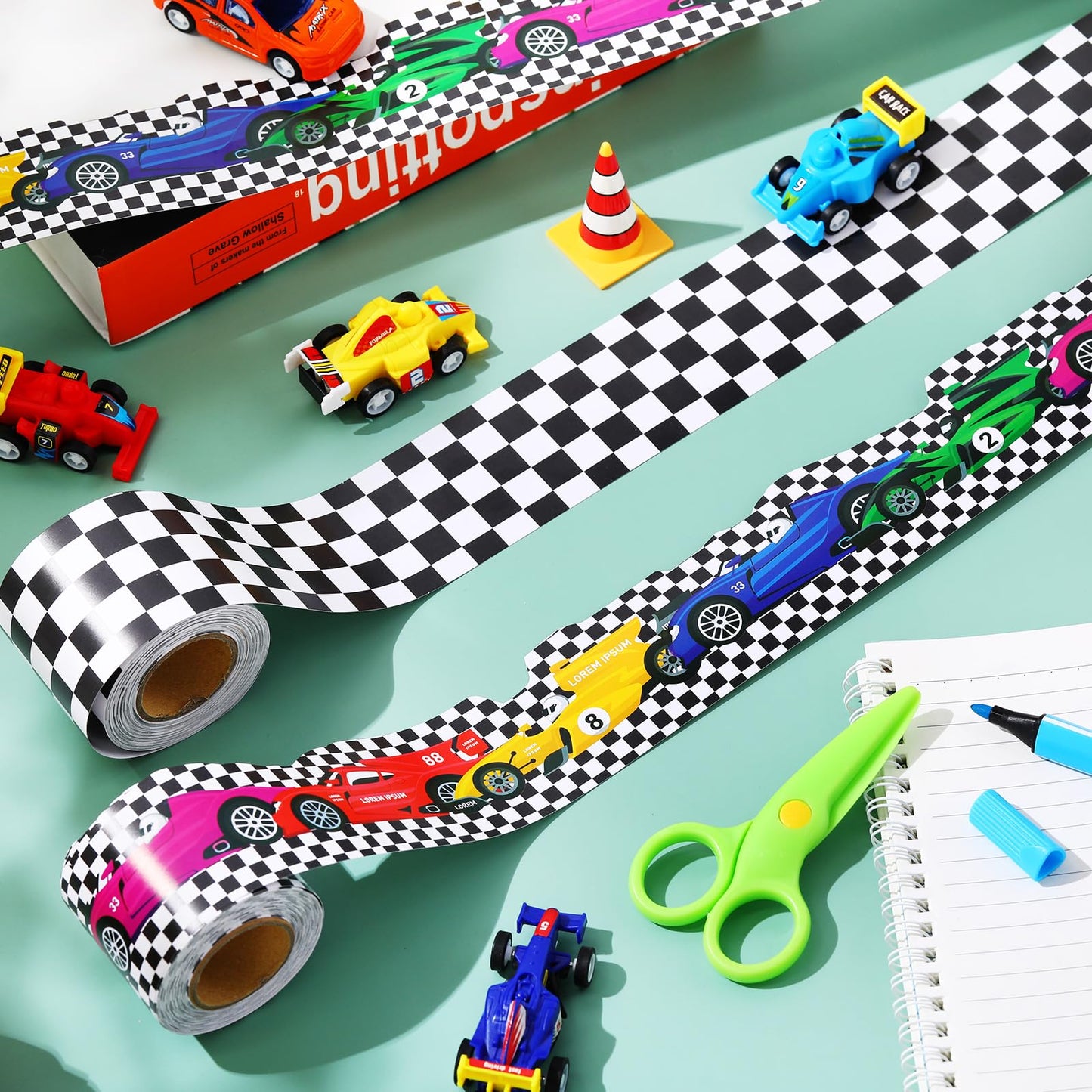 Trandraft 2 Rolls 65.6ft Racing Car Board Borders Decorations Checkerboard Bulletin Board Strips Racing Classroom Decor Back to School Bulletin Trim Borders for Home Office