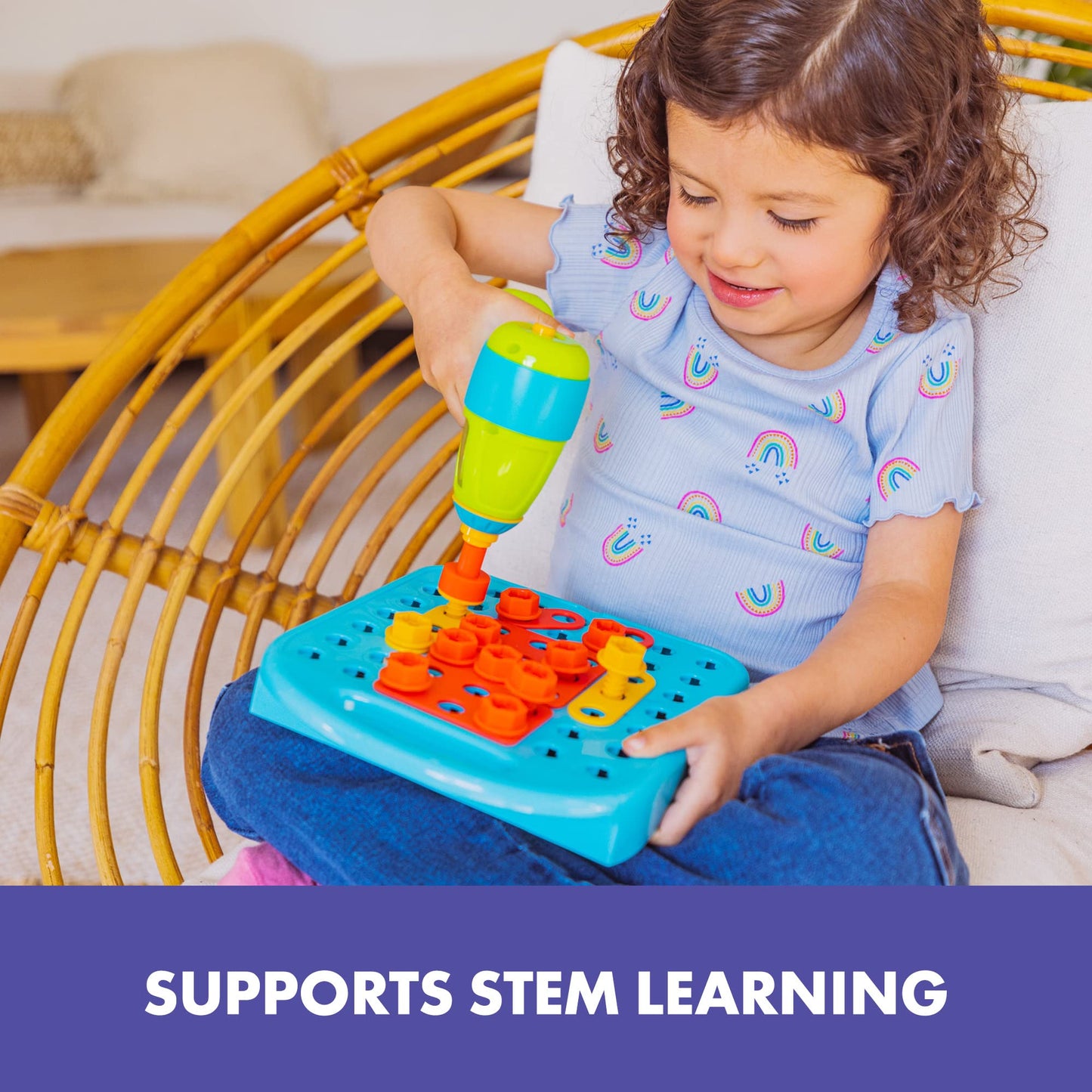 Educational Insights Design & Drill Shapes Workshop - Construction Toys & Toddler Tools, Kids Tool Set with Real Electric Drill Toy, Take Apart STEM Set, Building Kits and Gifts for Ages 3+