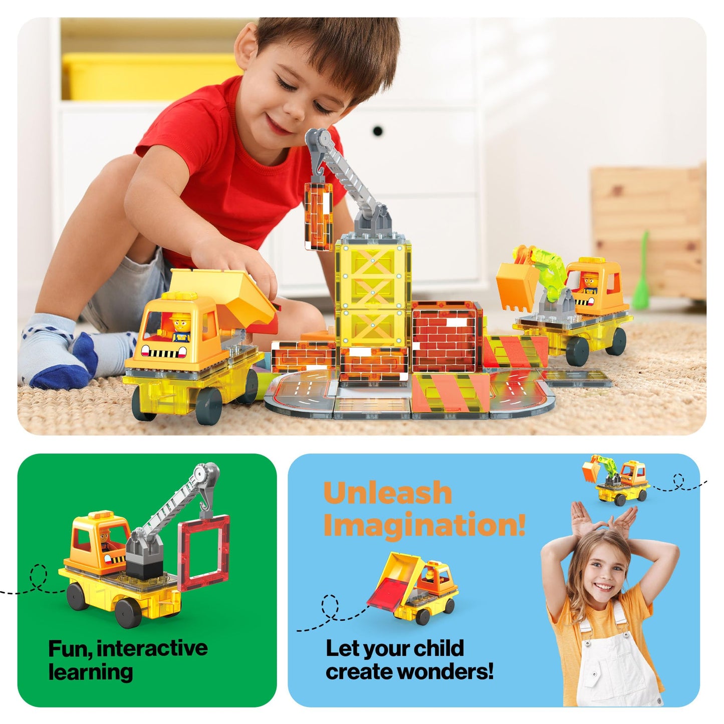 PicassoTiles Magnet Tile Construction Themed Building Blocks 5-in-1 Crane, Ladder, Dump Truck, Excavator, and Backhoe Action Figures, 2 Car Base Vehicles Magnetic Tiles Learning Toys Kids Ages3+ PTU06
