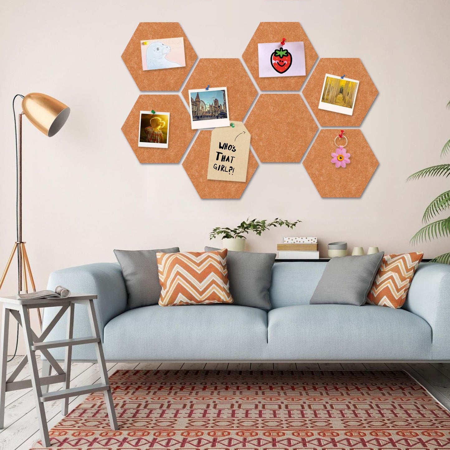 8 Packs Bronze Hexagon Felt Pin Board, 12" Bulletin Board with 30 Push Pins, Felt Board for Home Kitchen Office Decor, Self-Adhesive Corkboard Tiles for Walls Message Photos Memos Display