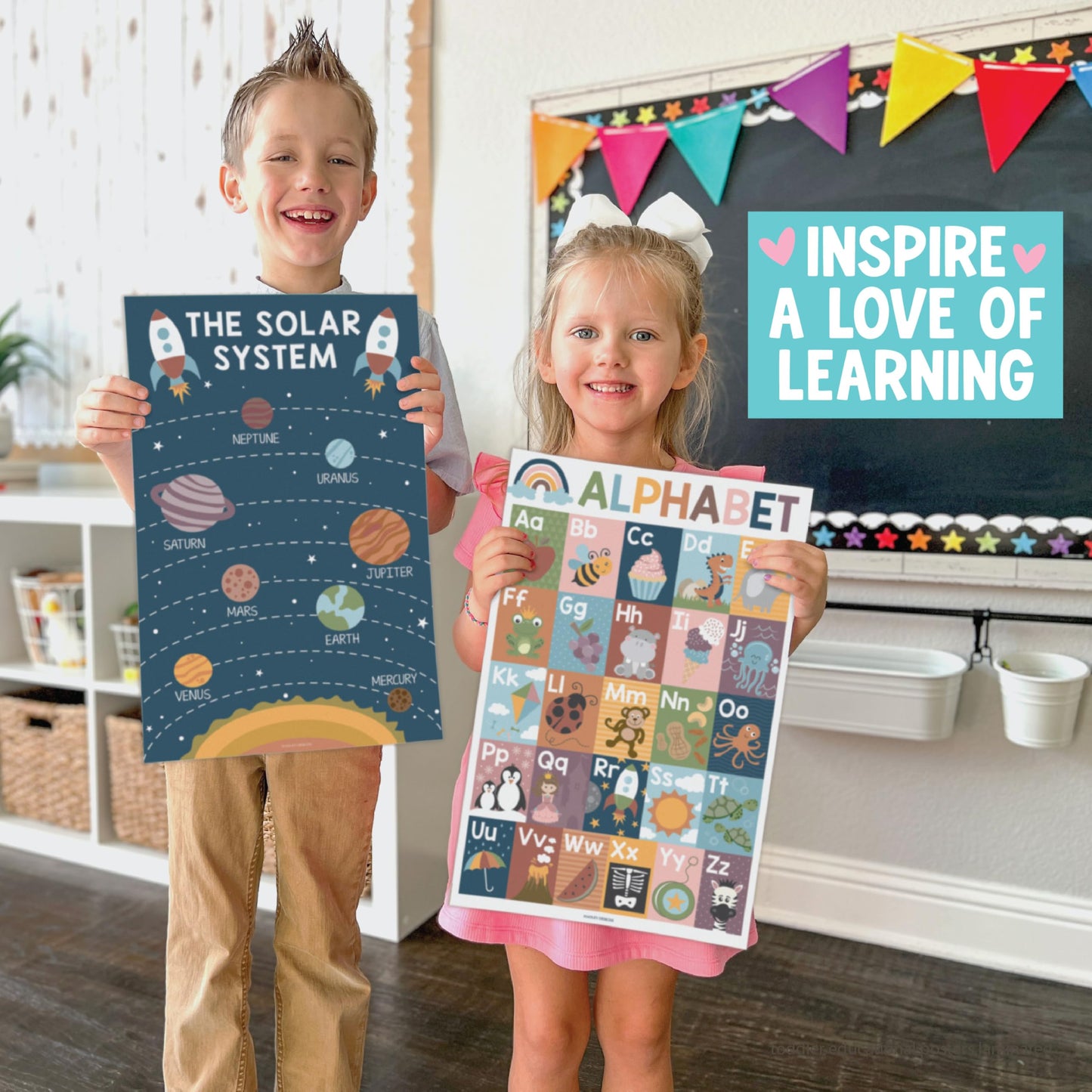 Hadley Designs 16 Educational Posters for Classroom Decor - Boho Educational Posters for Toddlers 1-3, Toddler Learning Posters for Kids Ages 3-5, Kindergarten & Preschool Classroom Must Haves