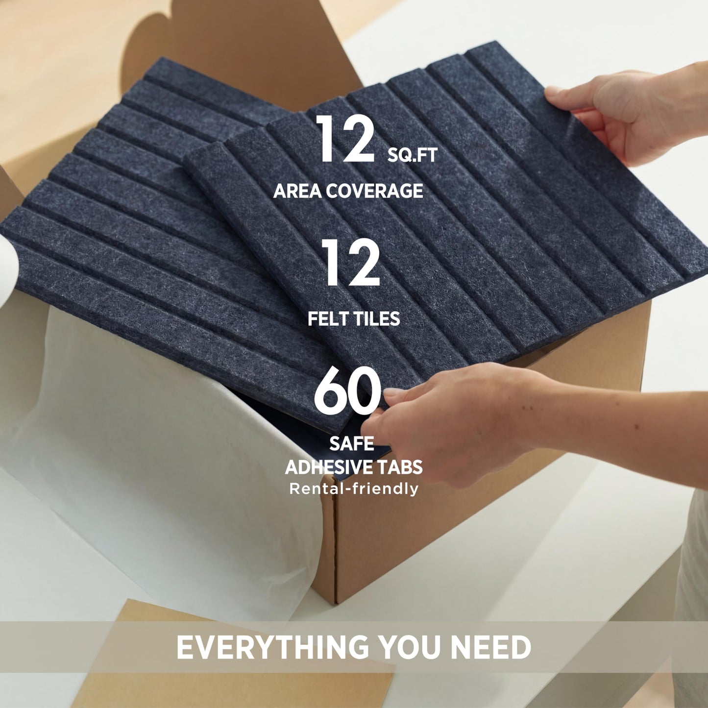VIVELDA Felt Bulletin Board Tiles 48"x36" - 12-Pack Cork Board Alternative, OEKO-TEX Certified, NRC 0.95 Acoustic Wall Panels, Damage-Free Adhesive, Slatted Design, Home Office & Classroom (Moonstone)