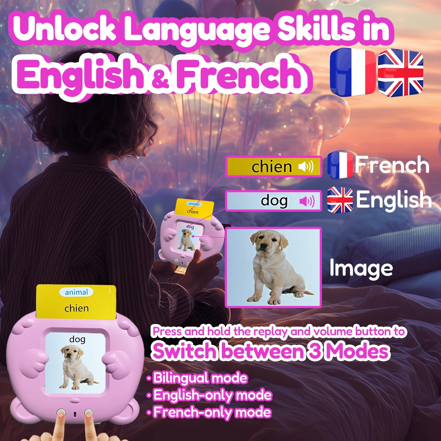MoLingvora Bilingual Talking Flash Cards for Kids - Français French English Flashcards Children Adults, 510 Sight Words, ABC Alphabet, Pocket Speech for Toddlers, Audible Sensory Toys (French, Pink)