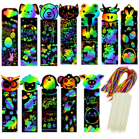 TCVENTS 100 Sets Scratch Art Bookmark Making Kit, DIY Animal Bulk Bookmarks with 100PCS Ribbons and 100PCS Wood Stylus for Kids 4-14 Years Old Students Classroom Prizes Gifts & Party Favors, 13 Styles