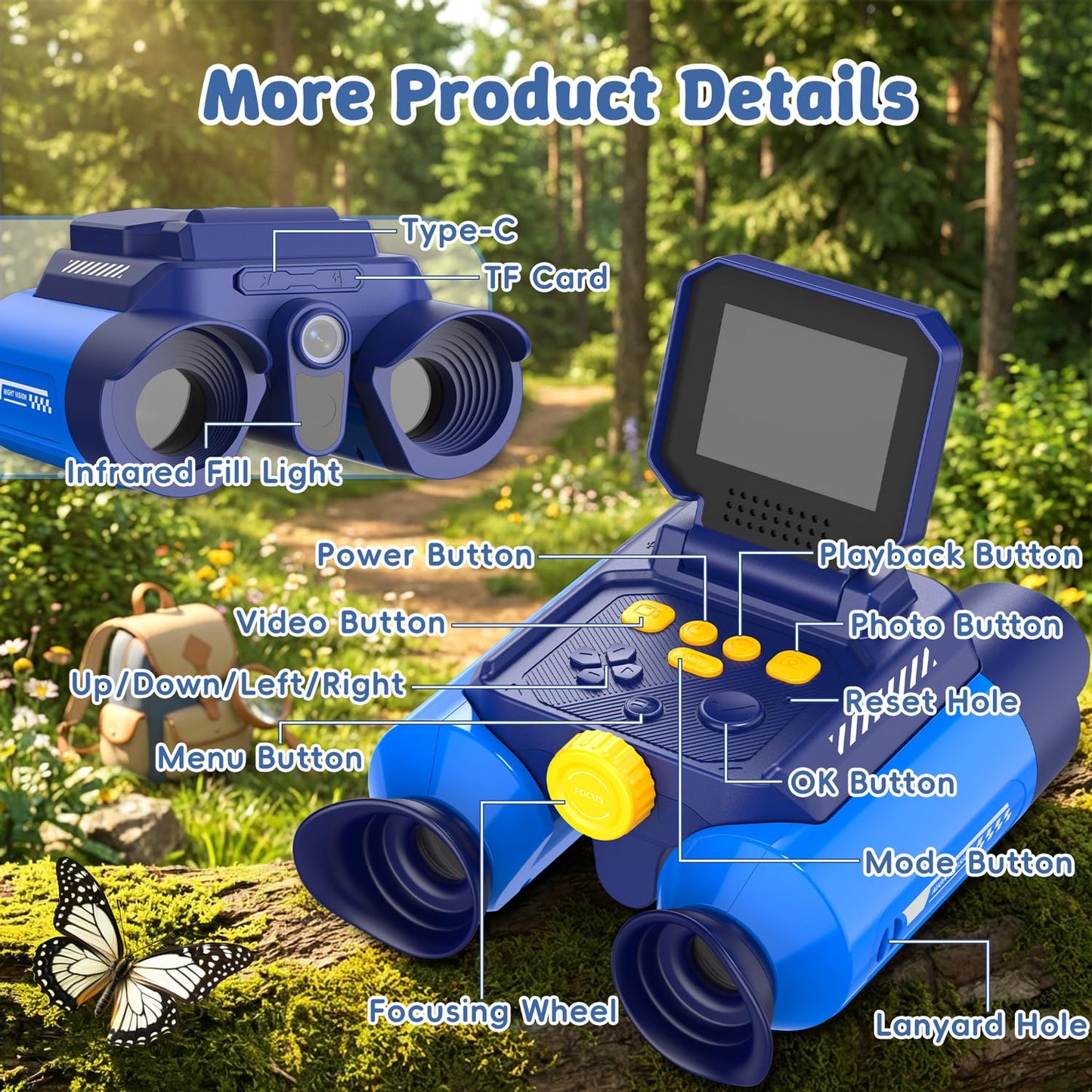 OAEBLLE Kids Binoculars with Night Vision Camera, 10X Zoom Digital Adventures Telescope with 2.4" IPS Screen, Nature Explorer STEM Toys for Bird Watching Camping, Gifts for Boys Girls Age 4-12 - Azure