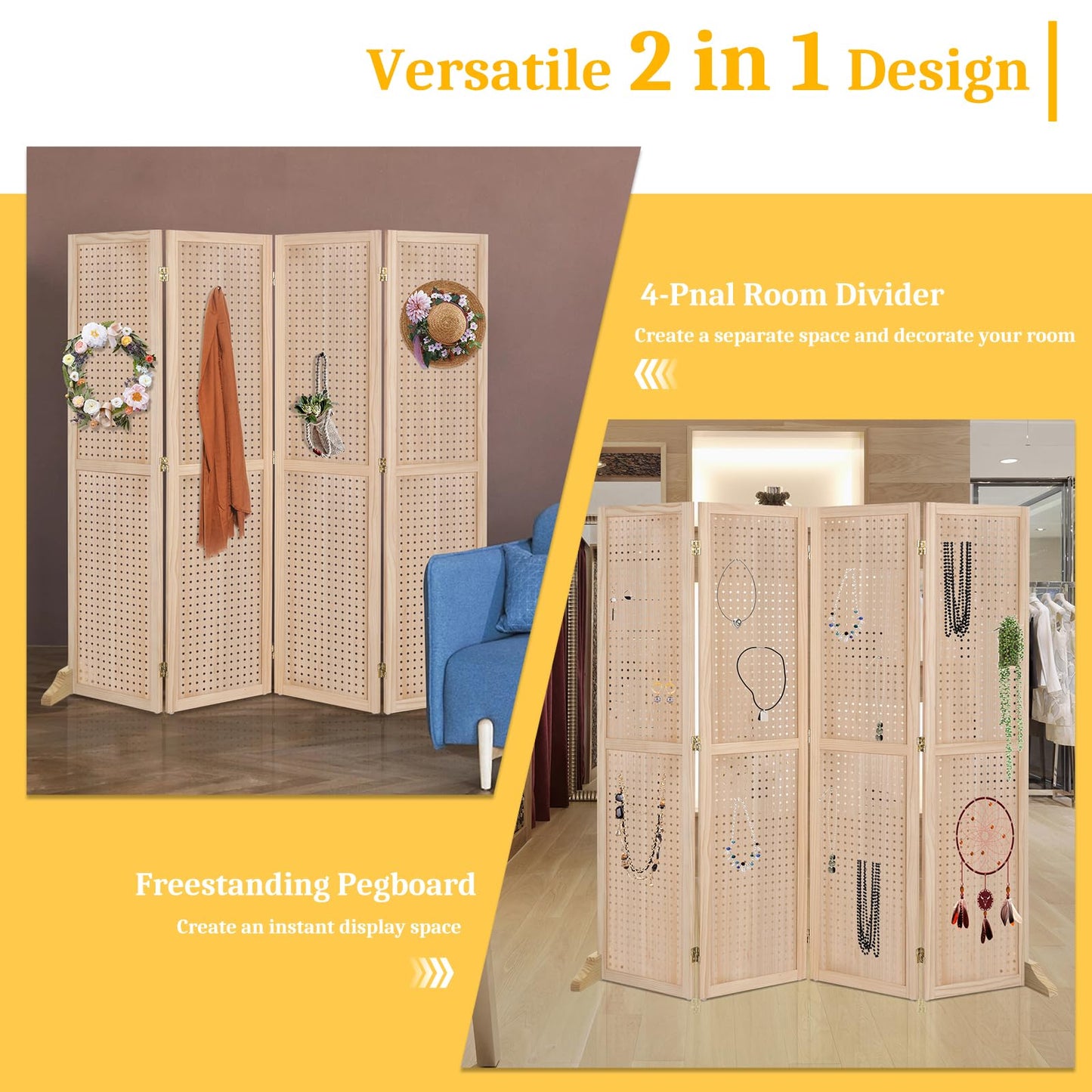 Bonnlo 4 Panel Pegboard Freestanding, 5 FT Portable Display Board Organizer for Craft Show Jewelry, Wooden Folding Privacy Screen Room Divider (with Base, Natural)