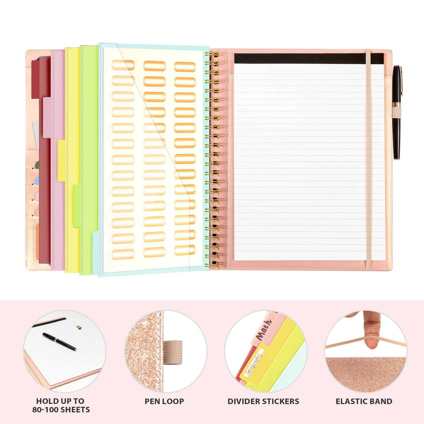 Ospelelf Clipboard with Storage for Women, Leather Padfolio Portfolio Organizer 5 Folders with 10 Pockets, Spiral Clipboard Folio with Notepad for Letter Size, Elastic Closure and Pen Loop Rose Gold