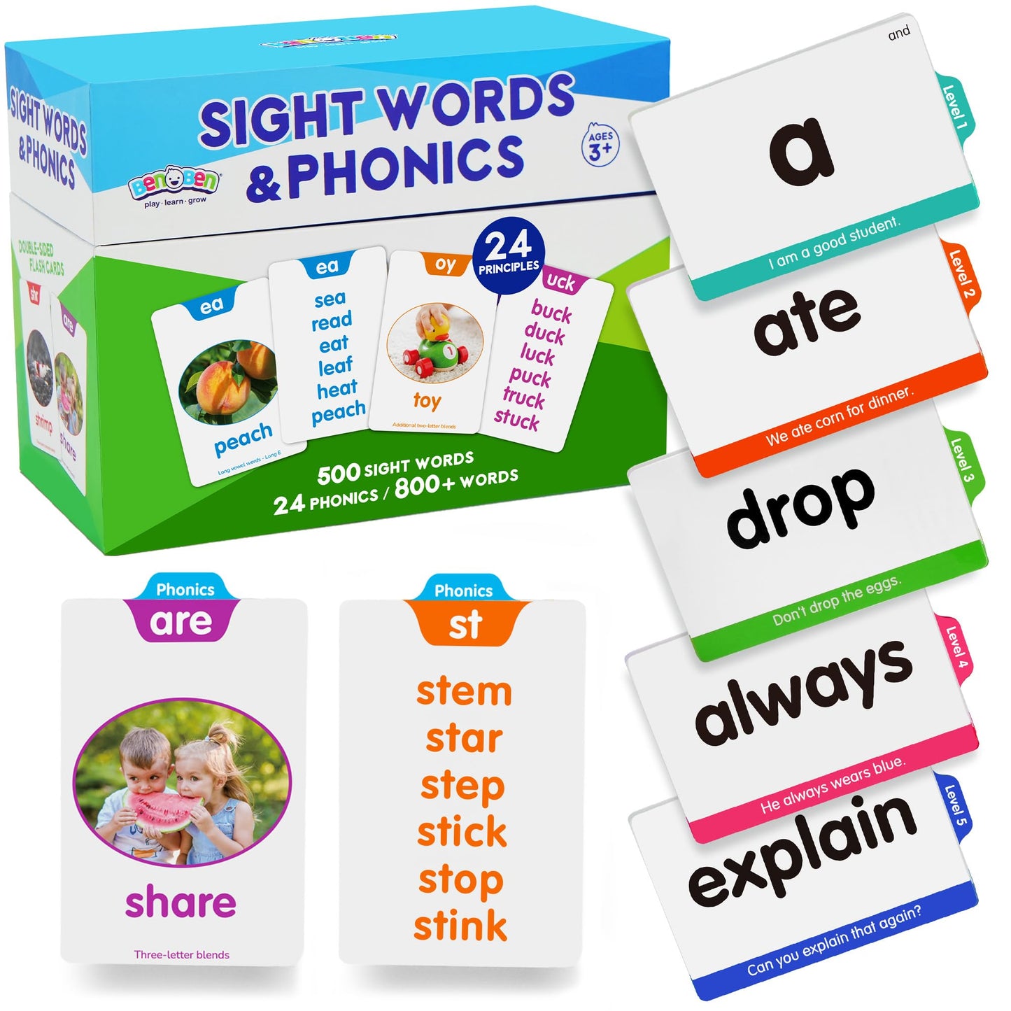 BenBen Sight Words & Phonics Flash Cards, 500 Sight Words & 800+ Words, Learn to Read CVC, Blends, Long Vowels, Dolch & Fry High Frequency Words for Pre-k Kindergarten 1st 2nd 3rd Grade Kids Ages 3-9