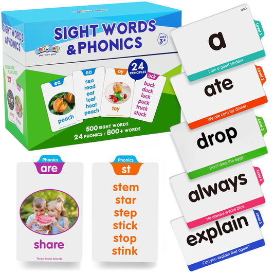 BenBen Sight Words & Phonics Flash Cards, 500 Sight Words & 800+ Words, Learn to Read CVC, Blends, Long Vowels, Dolch & Fry High Frequency Words for Pre-k Kindergarten 1st 2nd 3rd Grade Kids Ages 3-9