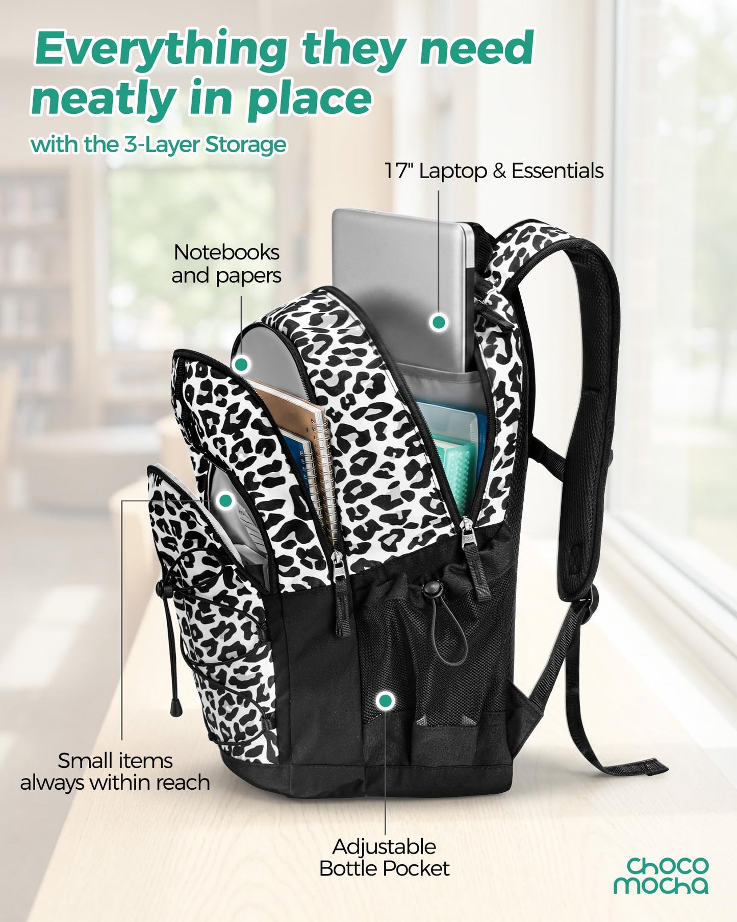 Choco Mocha Snow Leopard Backpack for Teen Girls, Travel School Backpack for Girls Middle School Large Bookbag 18 Inch, Black