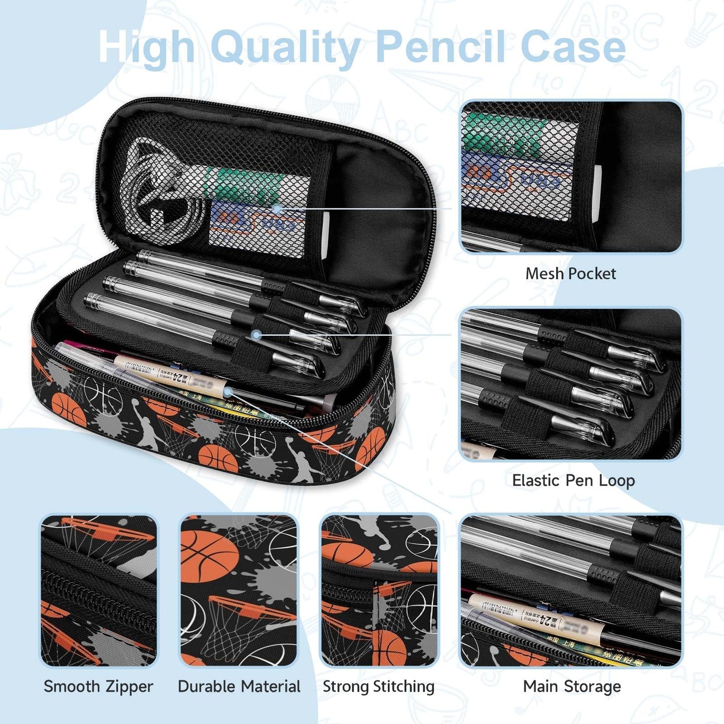 Basketball Large Pencil Case Big Capacity Pencil Pouch for Boys Girls Teen Women Men Adult, Portable Kids Pencil Bag with Zipper, Stationery Storage Pen Bag for School Supplies Office Organizer