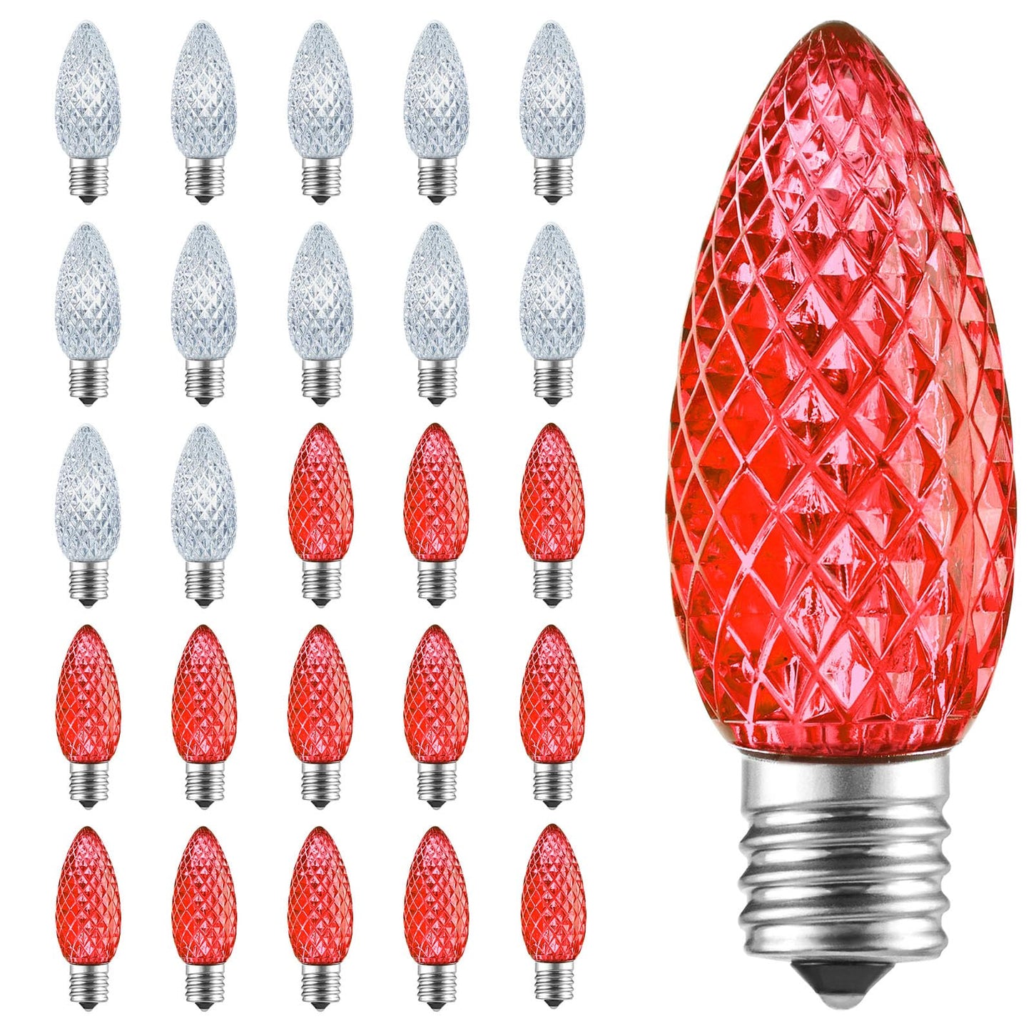 Minetom LED C9 Christmas Light Bulbs, 25 Pack, Dimmable, Red and Pure White, Fits C9/E17 Base, Commercial Grade