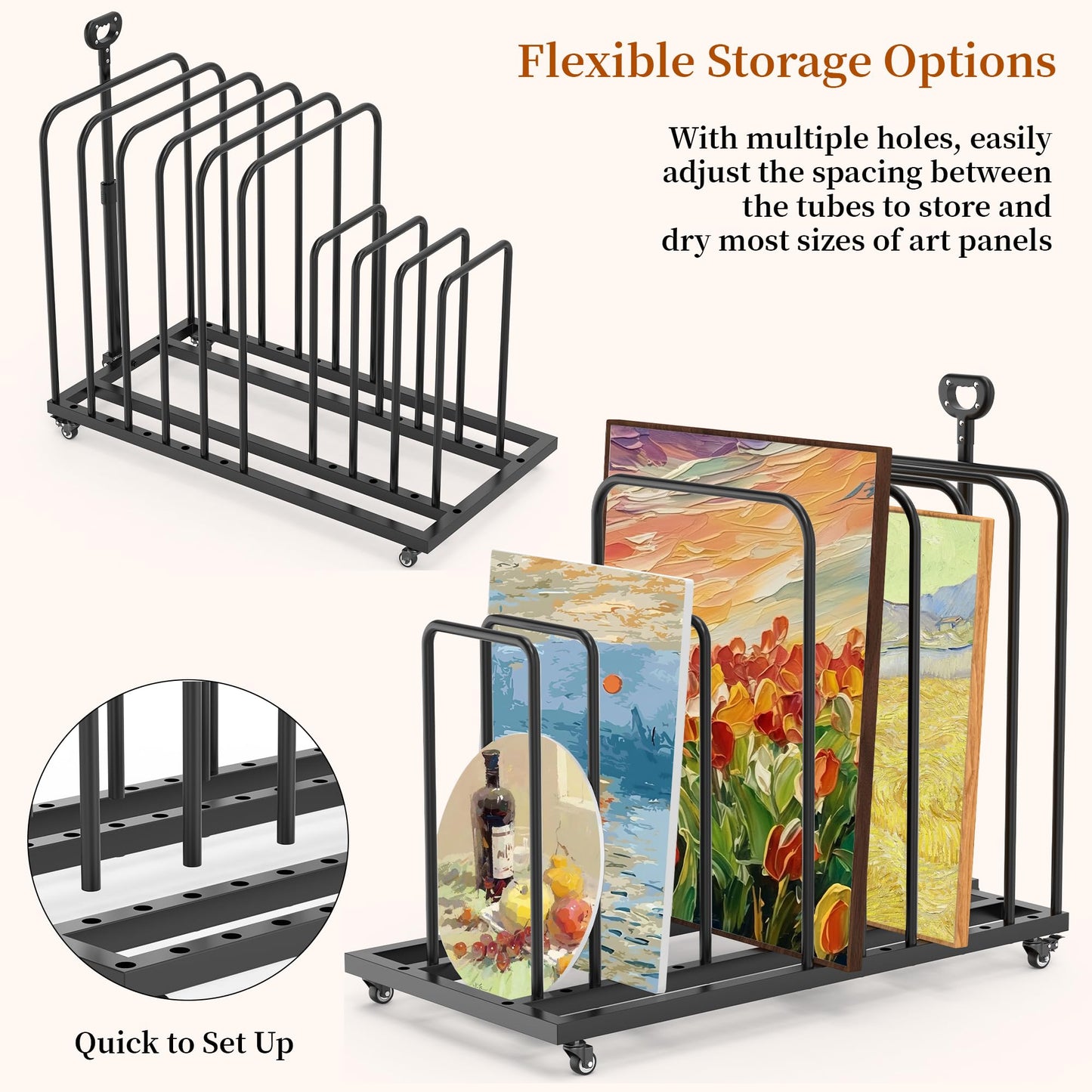 Tredre Art Storage Rack with Handle & Wheels, Adjustable Metal Art Drying Painting Rack, Large Canvas Storage Display Stand for Drawing Boards, Panel, Crafts, Art Studio, Classroom and Gallery