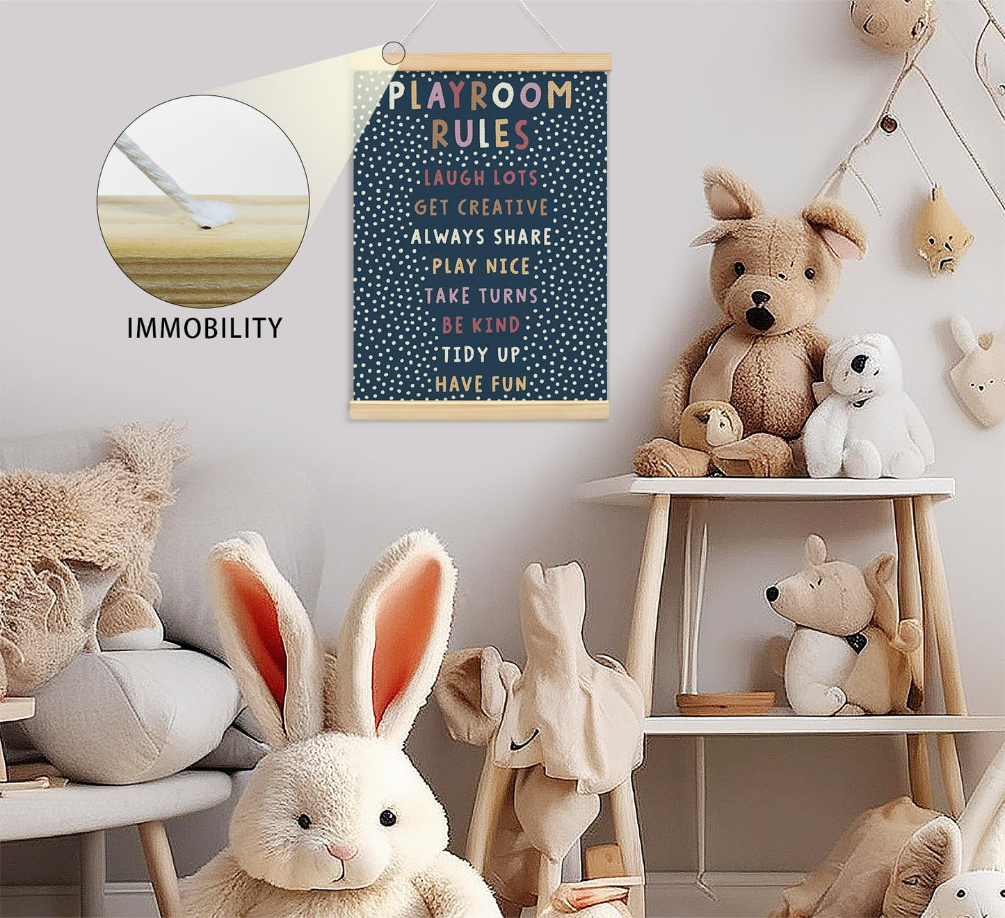 Playroom Kids Tollder Room Wall Decor, Play Room Rules Wall Decor for Kids Play Game Room Bedroom Nursery Home School Playroom Essentials, Canvas Hanging Banner Wood Poster Frameds(navy)