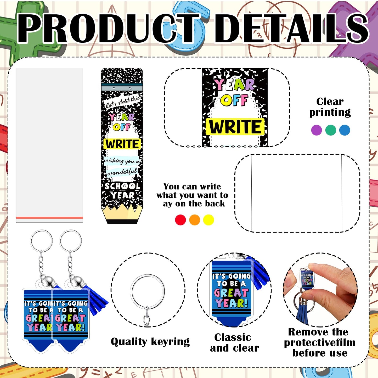 Tenceur 30 Set Bulk Back to School Gifts for Students Ballpoint Pens Keychains and Cards Set First Day of School Gifts Supplies for Teacher Classroom Rewards Party Favors