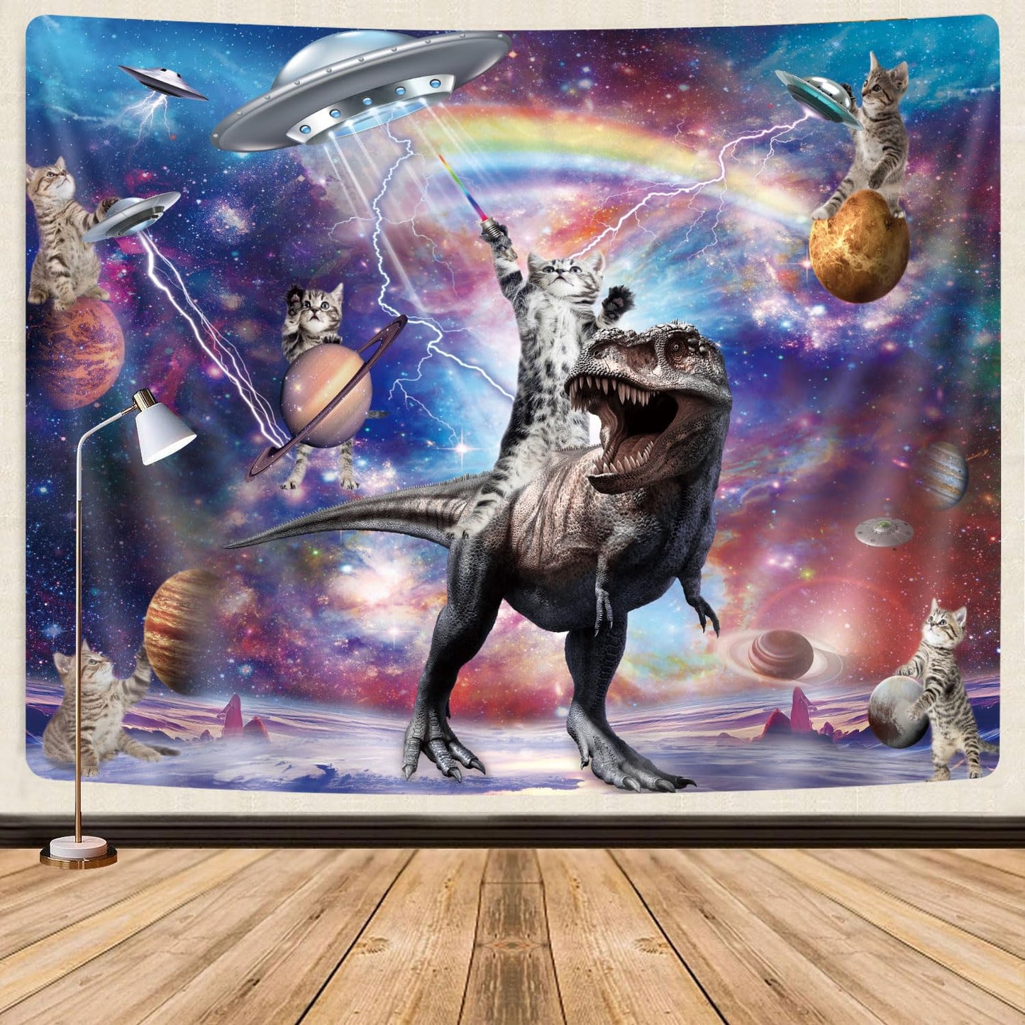 Funny Cat Tapestry, Cool Cat Riding Dinosaur on Fantasy Universe Galaxy Space UFO Tapestries for Boys Kids, Hilarious Animals Anime Cool Tapestry Wall Hanging 60X40 Inches for Bedroom Living Room Dorm Room