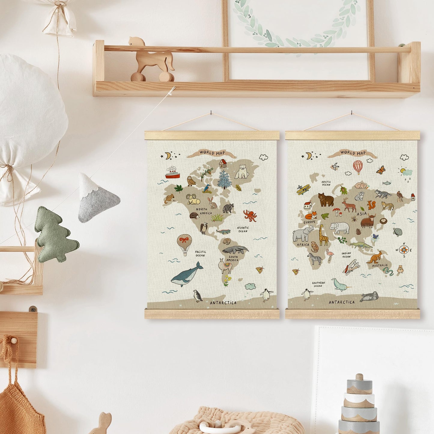 BCUANGD Classroom Wall Decor - Toddlers Kids Wall Art Poster Hanger with Wood Frames Set of 2, Educational Maps Wall Hanging Canvas Decor for Playroom Nursery Toddler Kids Room, 12x16 Inches