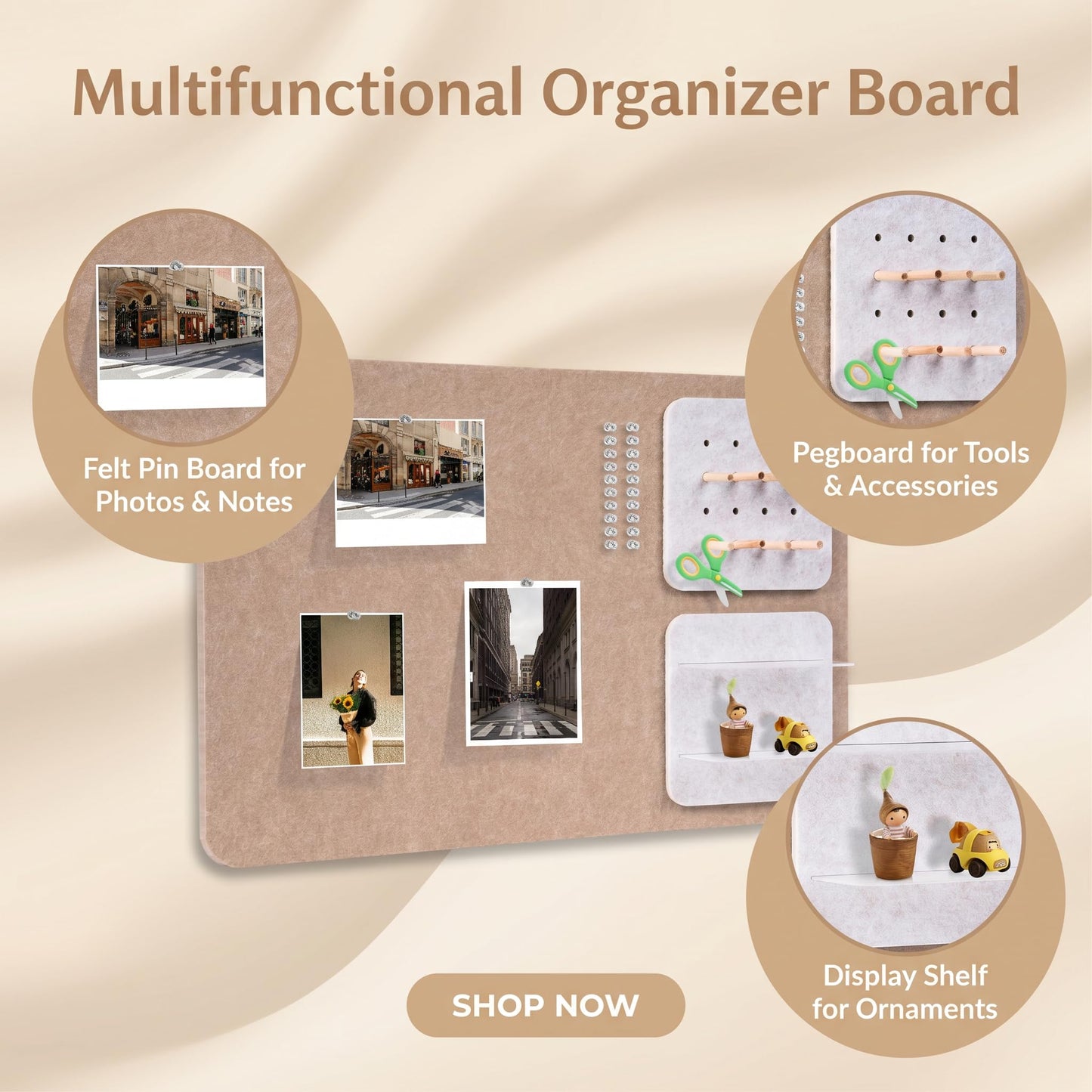 Wall Organizer Bulletin Board with Shelves and Key Holder, 2-in-1 Felt Pin Board for Photos, Notes, Keys and Small Accessories, Memo Board for Home Office Dorm, Khaki & Light Camel, 15.7"x23.6"