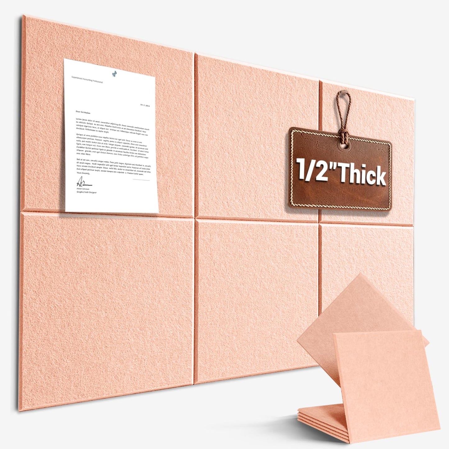Large Cork Board for Office Wall Decor, 36"x24"- 6 Pack Felt Wall Tiles with Safe Removable Adhesive Tabs, 1/2" Thick, Felt Bulletin Board Pin Board Cork Boards for Walls - Pink