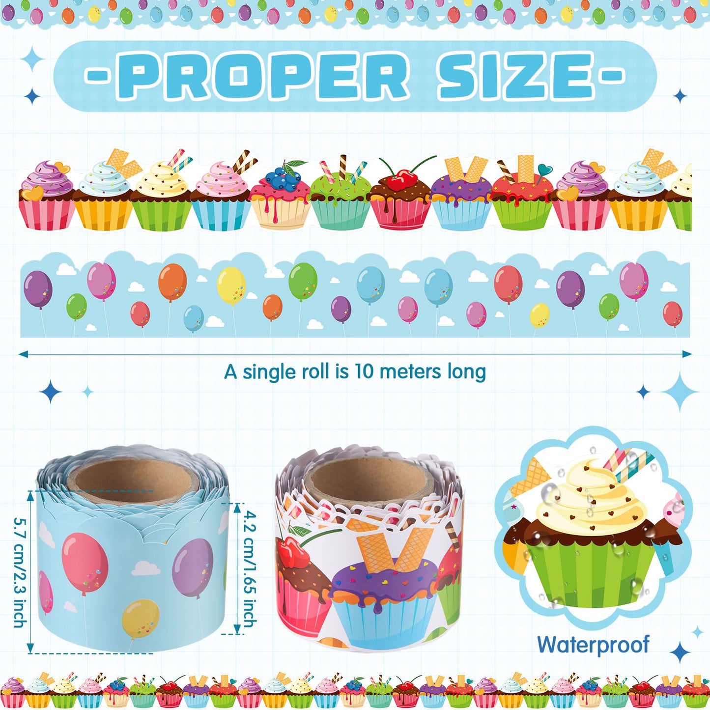 Trandraft 2 Rolls 65.6ft Balloons Cupcake Border Bulletin Board Decorations for Birthday Back to School Themed Party Classroom Decor School Home Office Chalkboard Wall Decors