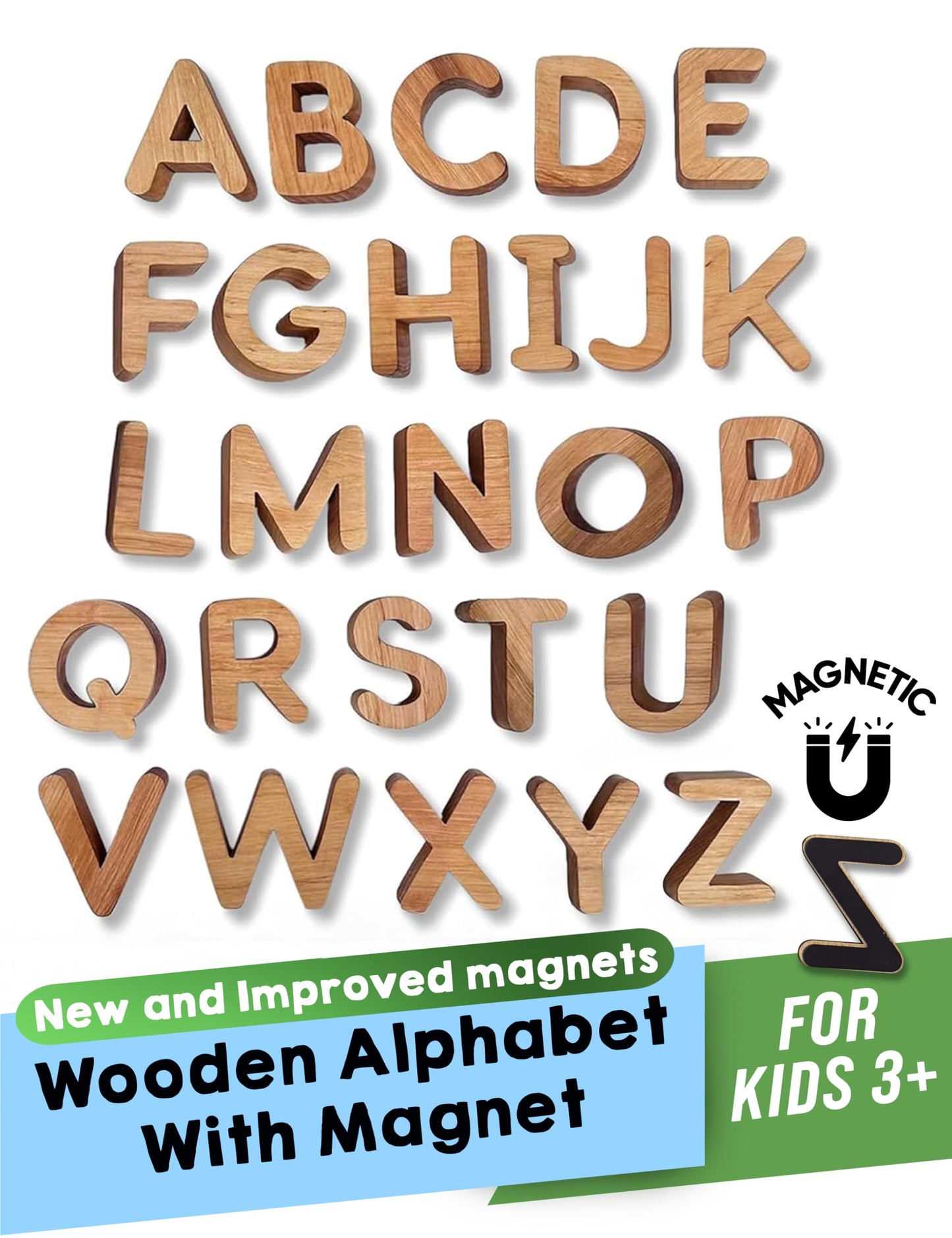 LEAPING LEARNING Alphabet Magnets - Magnetic Letters for Kids, Wooden Letters for Learning & Classroom Supplies, Ideal for Refrigerators, School Board, & Early Literacy Educational Toys 3+ (Uppercase)