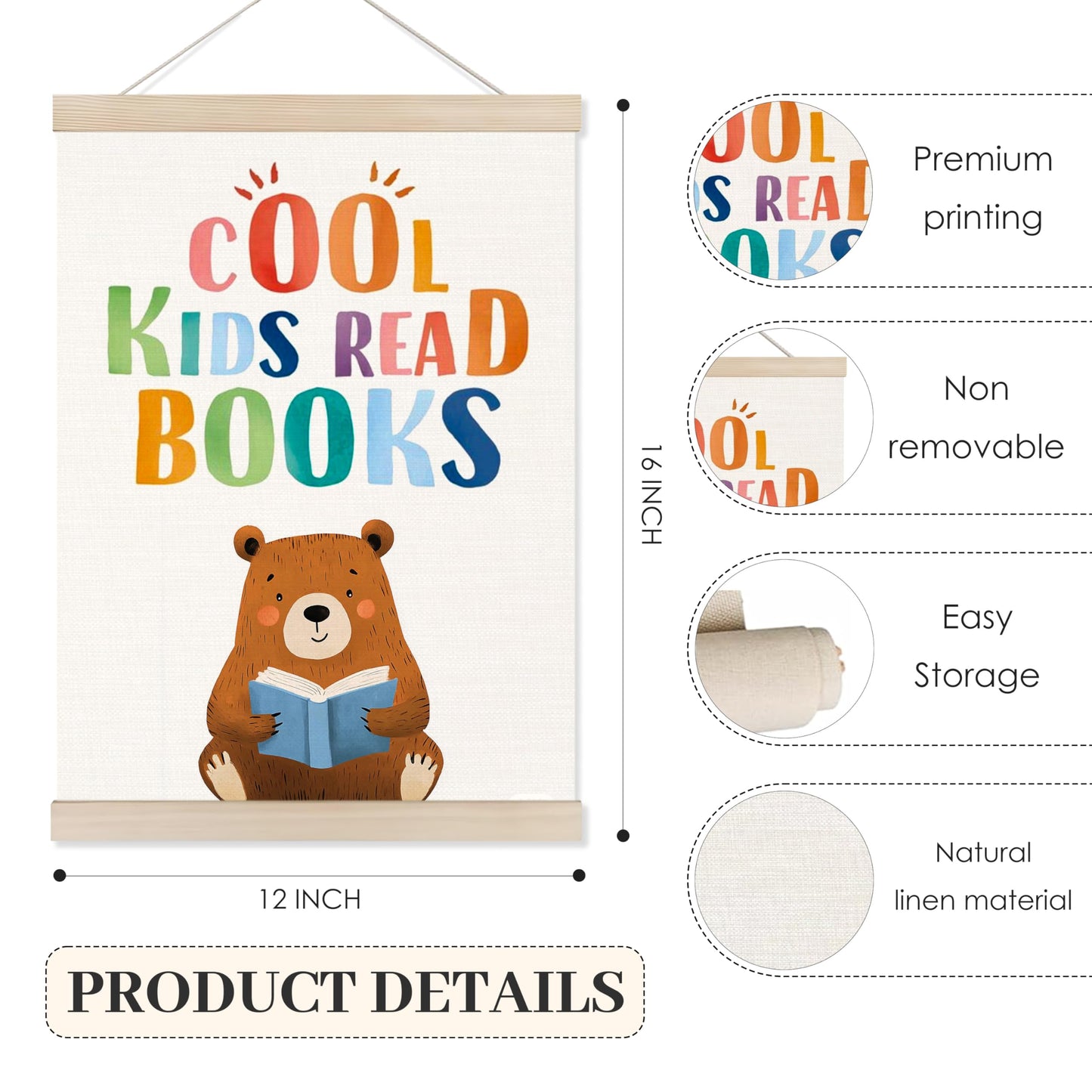Koesus Cool Kids Read Books Wall Art Poster Hanger Frame 12x16 Inch, Reading Corner Decor for Classroom, Cute Bear Book Canvas Pictures Prints Framed Wall Decor for Kids Room Nursery Playroom
