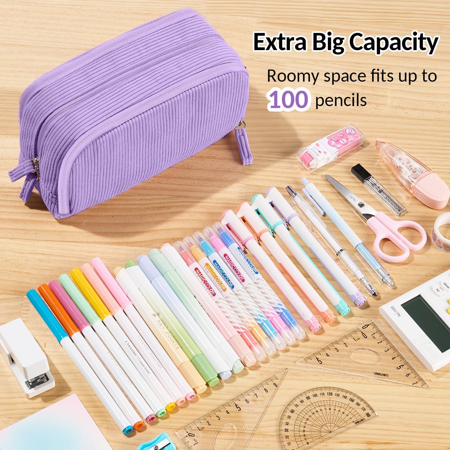 Sooez Big Capacity Pencil Case Pen Pouch, Soft Corduroy Pencil Bag with 3 Compartment, Multiple Pockets, Sturdy Zipper, Cute School Supplies Pen Bag Organizer For Teen Girls College, Purple