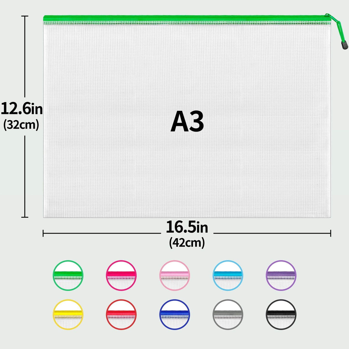 JARLINK A3 (16.5x12.6 in, 24 Pcs) Mesh Zipper Pouch, 12 Colors Extra Large Zipper Bags, Waterproof File Pouches for Office Supplies, Puzzles, Board Game, School, Travel Accessories & Craft Projects