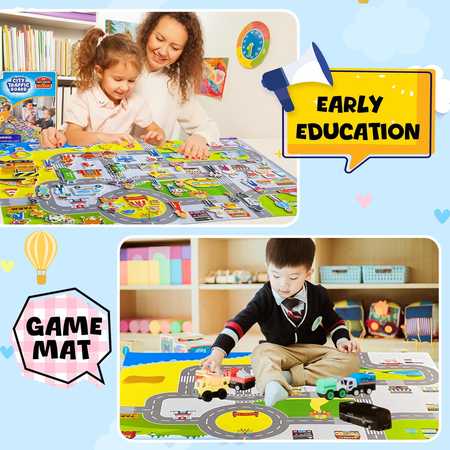 Transportation Felt Story Board Set ,40*28in Flannel Board for Wall ,95 Felt Pieces,Preschool Storytelling ,Vehicles,Career Image Dress-Up,Zoo Learning Interactive,for 3 years +,Gift for Toddlers