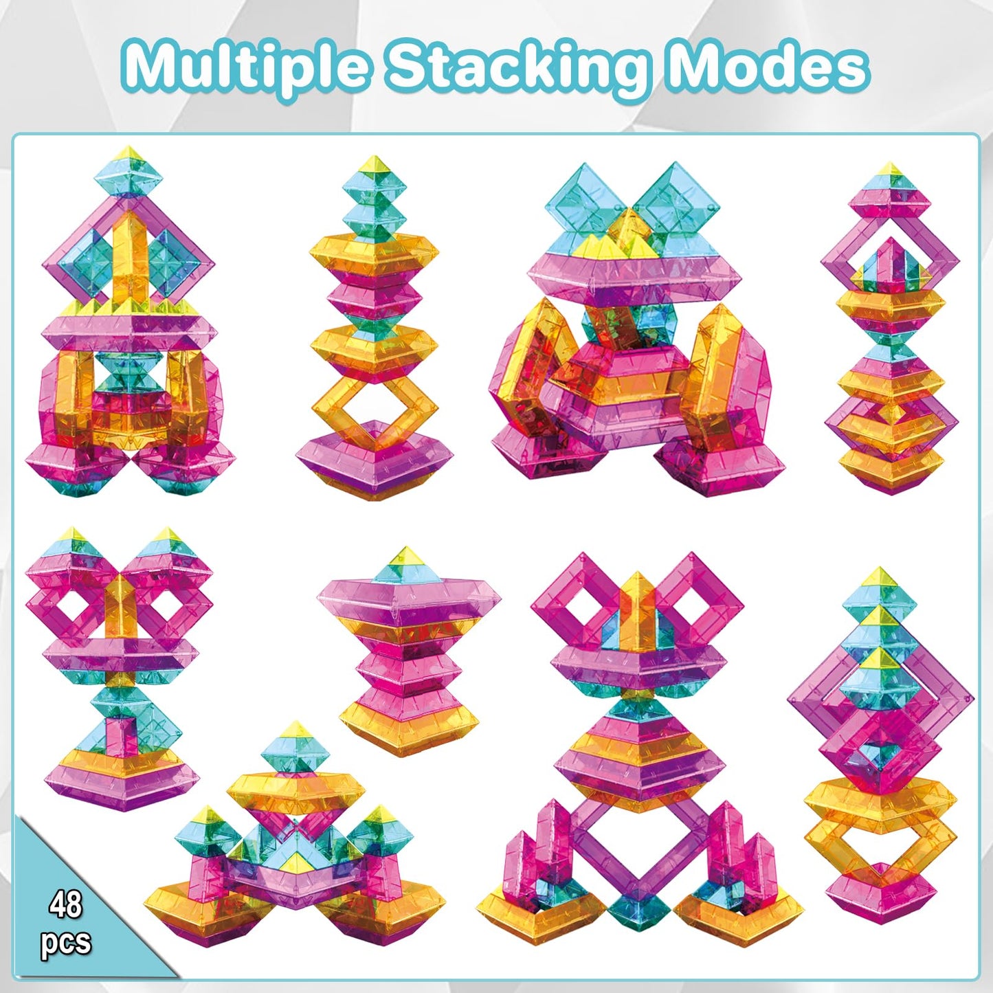 48 PCS Sensory Stacking Blocks, Light Table Compatible Building Blocks, STEM Educational Learning Resources for Toddlers Boys Girls Ages 3+