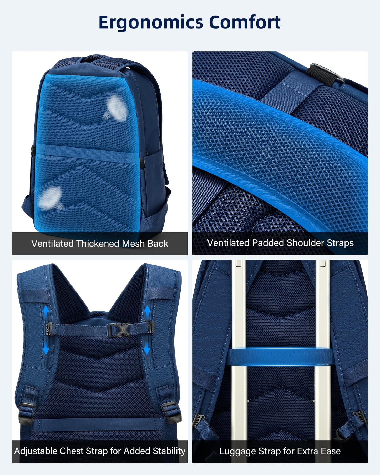 HanTrip Travel Laptop Backpacks for Women Men, Large Work Backpack for Commuter College School Book Bags, Reflective Water Resistant Backpack with Luggage Strap Bottle Pocket Chest Strap, Navy Blue