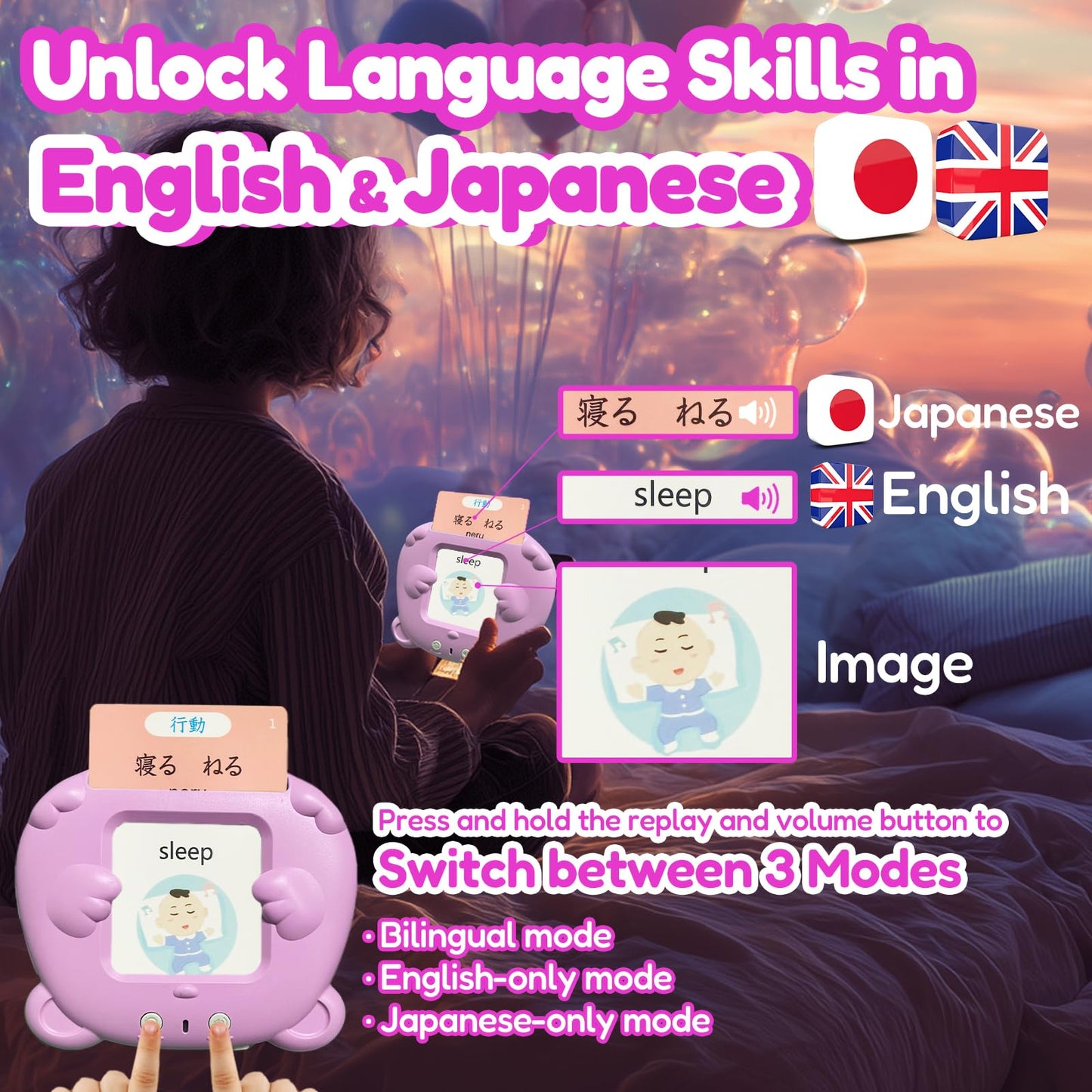 MoLingvora Bilingual Talking Flash Cards for Kids - Japanese English Flashcards Children Adults, 510 Sight Words, ABC Alphabet, Pocket Speech for Toddlers, Audible Sensory Toys (Japanese, Pink)