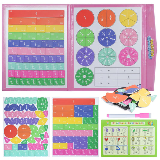 Magnetic Fraction Educational Puzzle with Fraction Tiles & Circles, Math Manipulatives Montessori Learning Toys to Help Kids Learn Fractions and Build Early Math Skills (Pink)